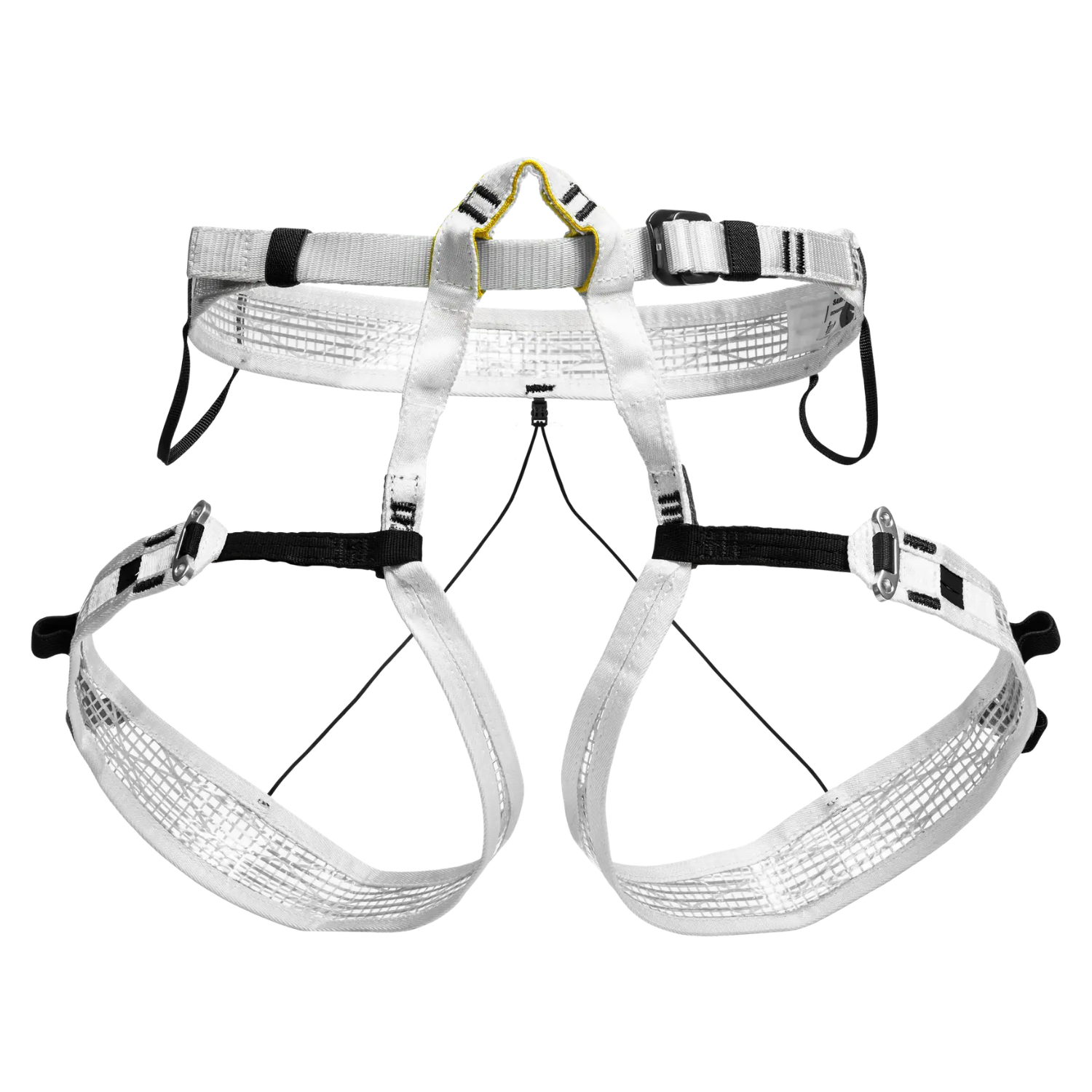 A white reflective climbing harness with black adjustable straps and buckles, shown against a plain white background.