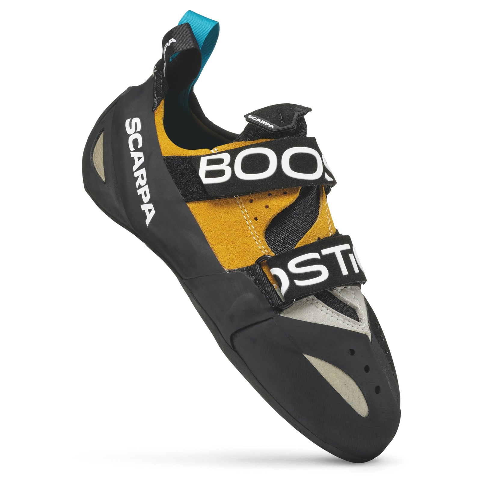 Black and yellow climbing shoe with branding on a white background