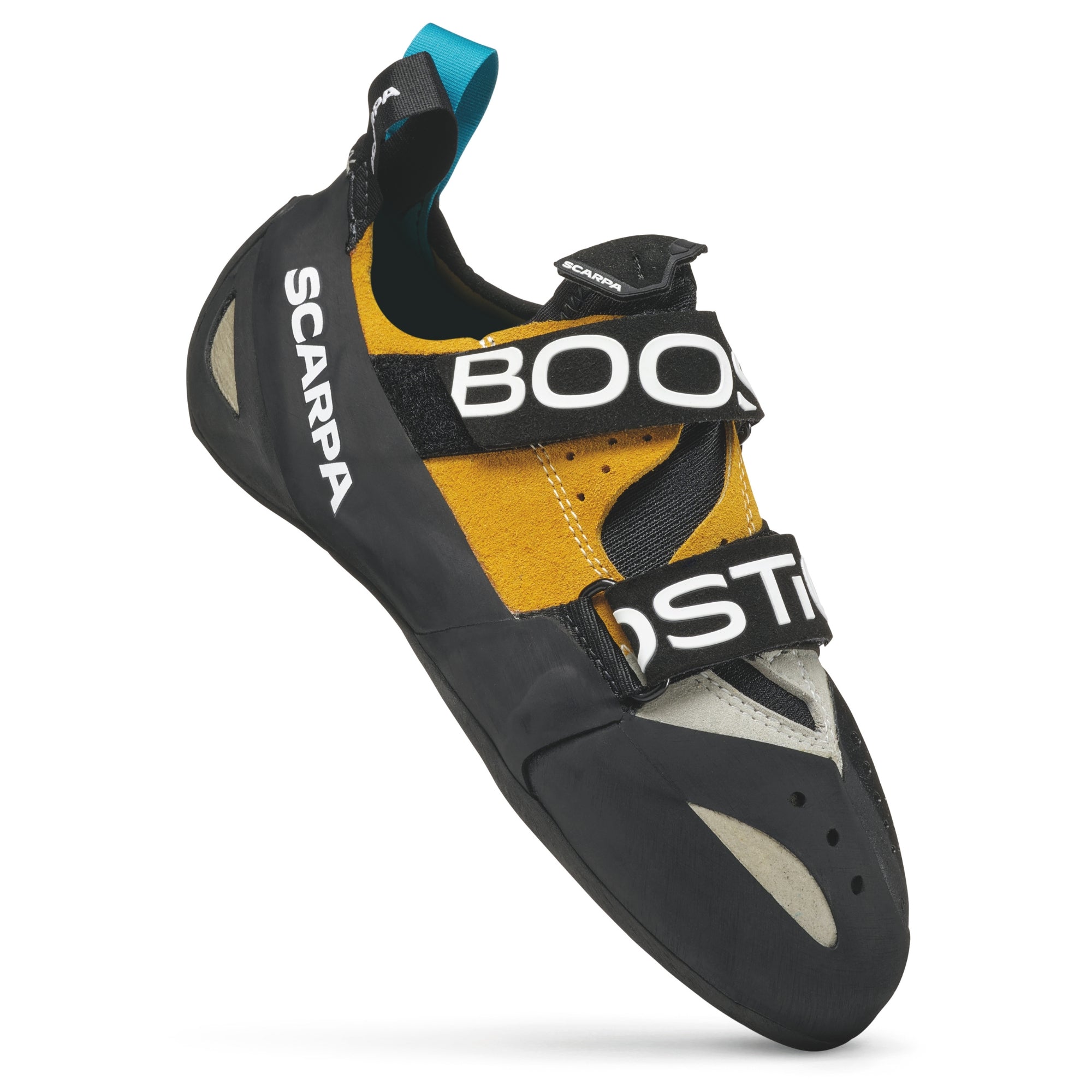 Black and yellow climbing shoe with branding on a white background