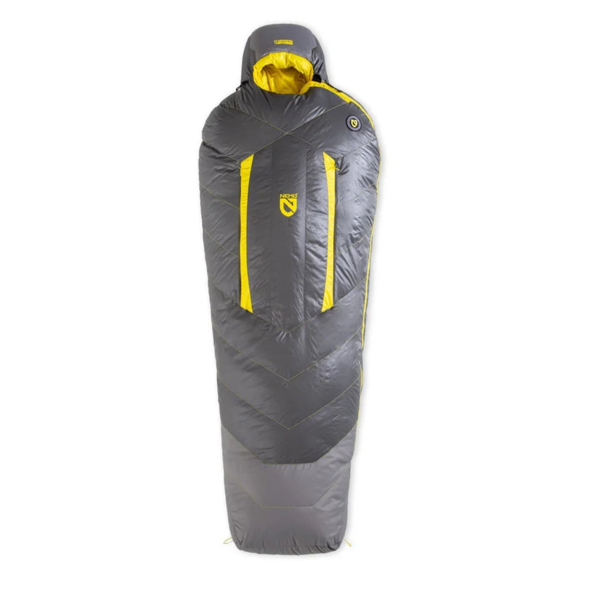 Gray and yellow sleeping bag on a white background