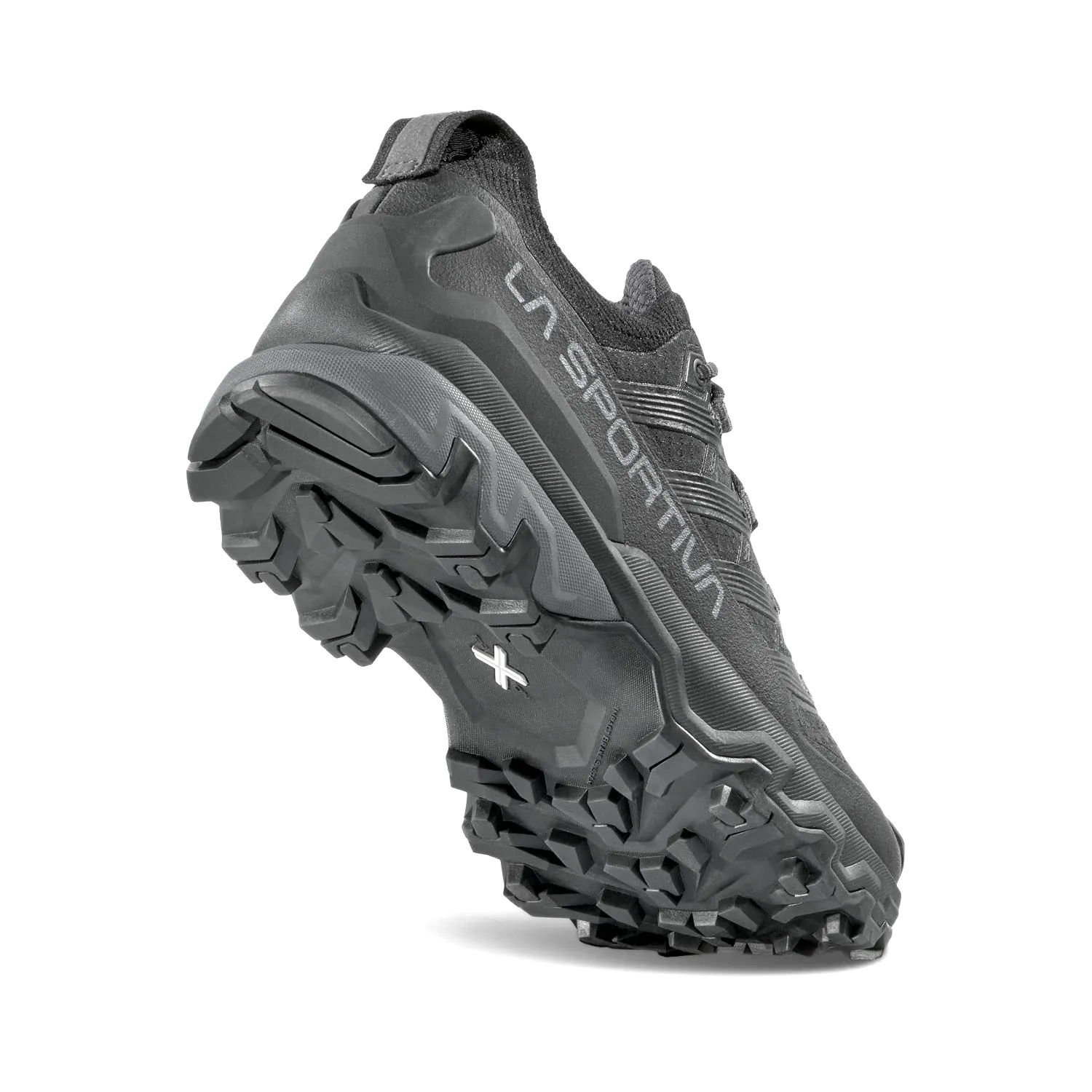 black hiking shoe on a white background