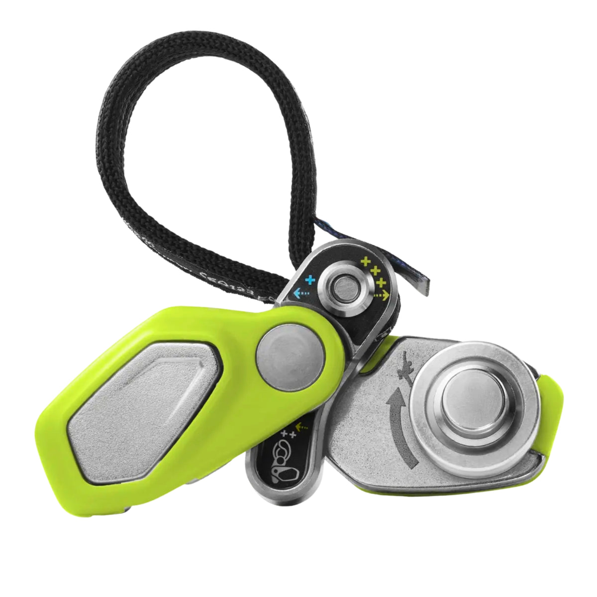 Green and silver electronic device with a black strap on a white background