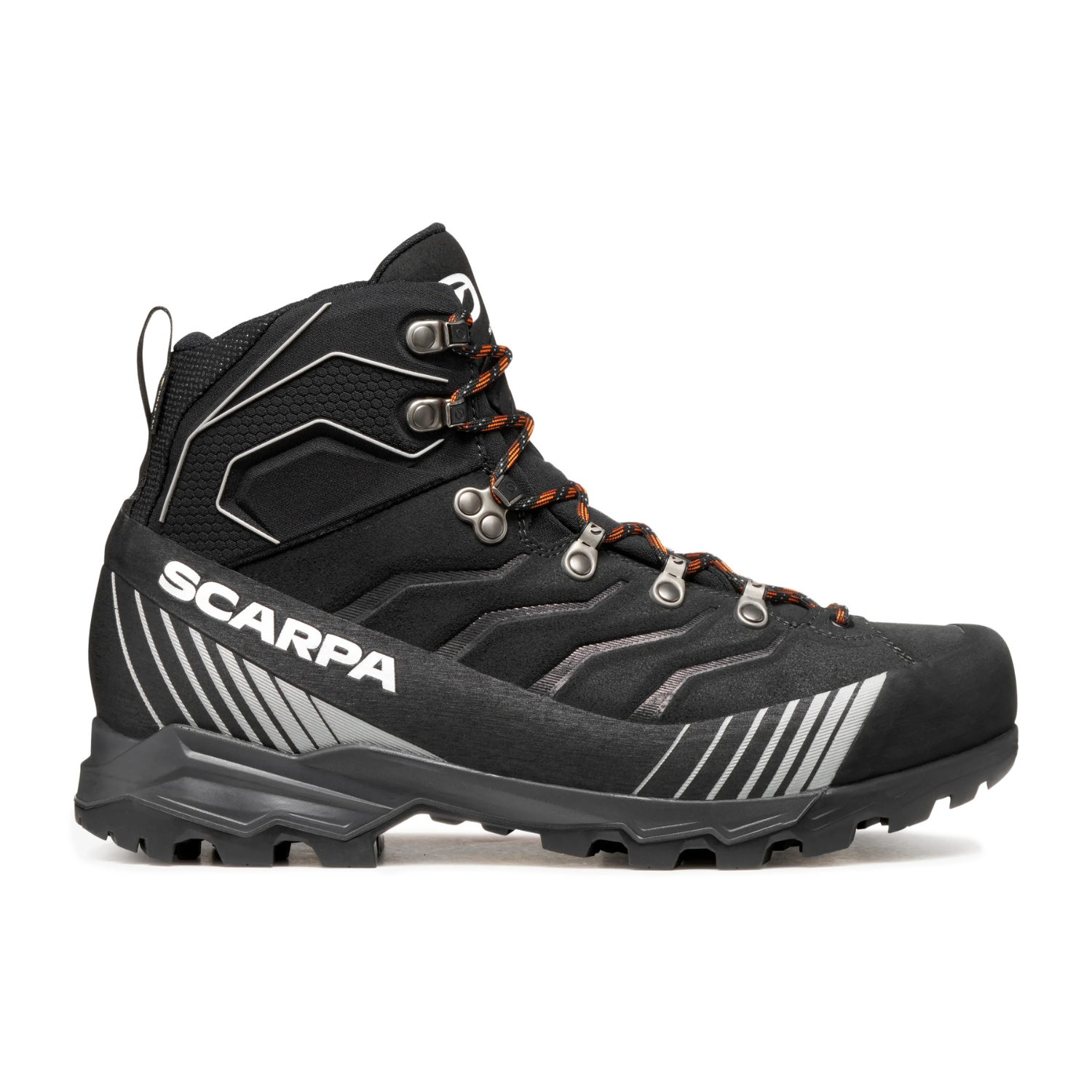 Black hiking boot with orange laces on a white background