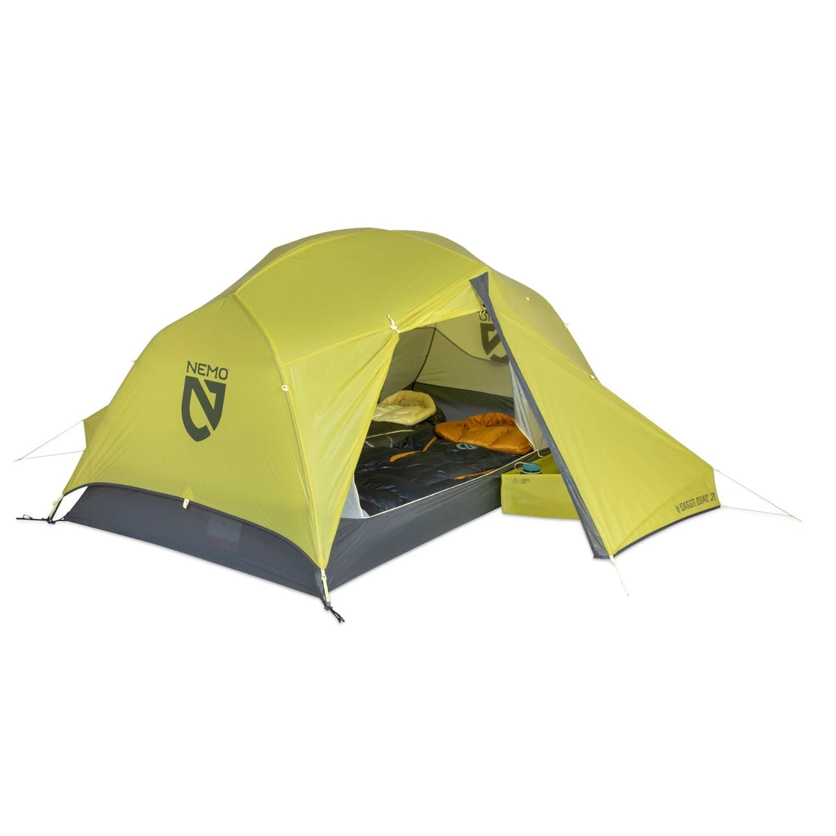 Yellow camping tent with NEMO logo on a white background