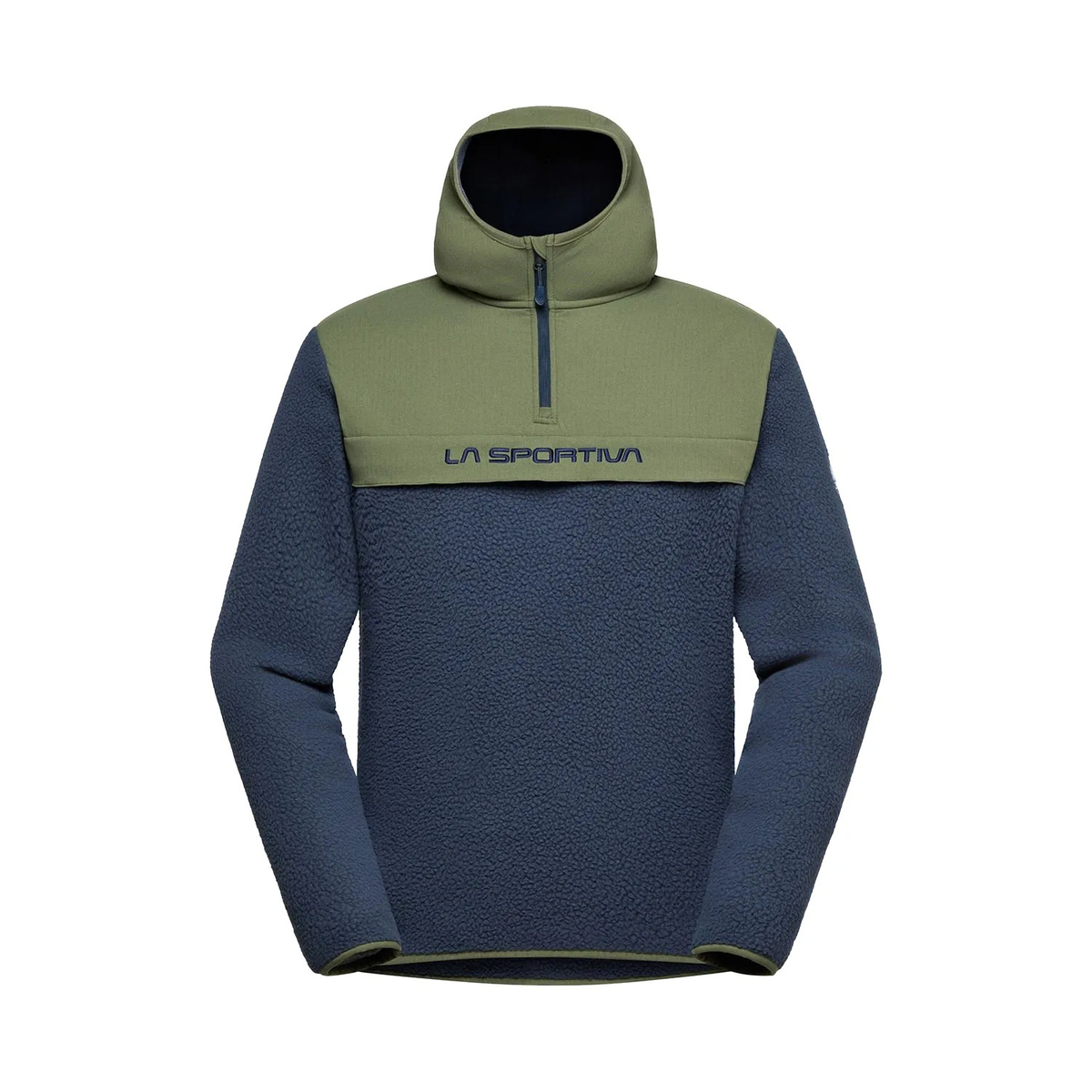 A men's pullover fleece jacket with a color-blocked design, featuring an olive green yoke and hood with a navy blue lower body and sleeves. The brand 'LA SPORTIVA' is printed across the chest.