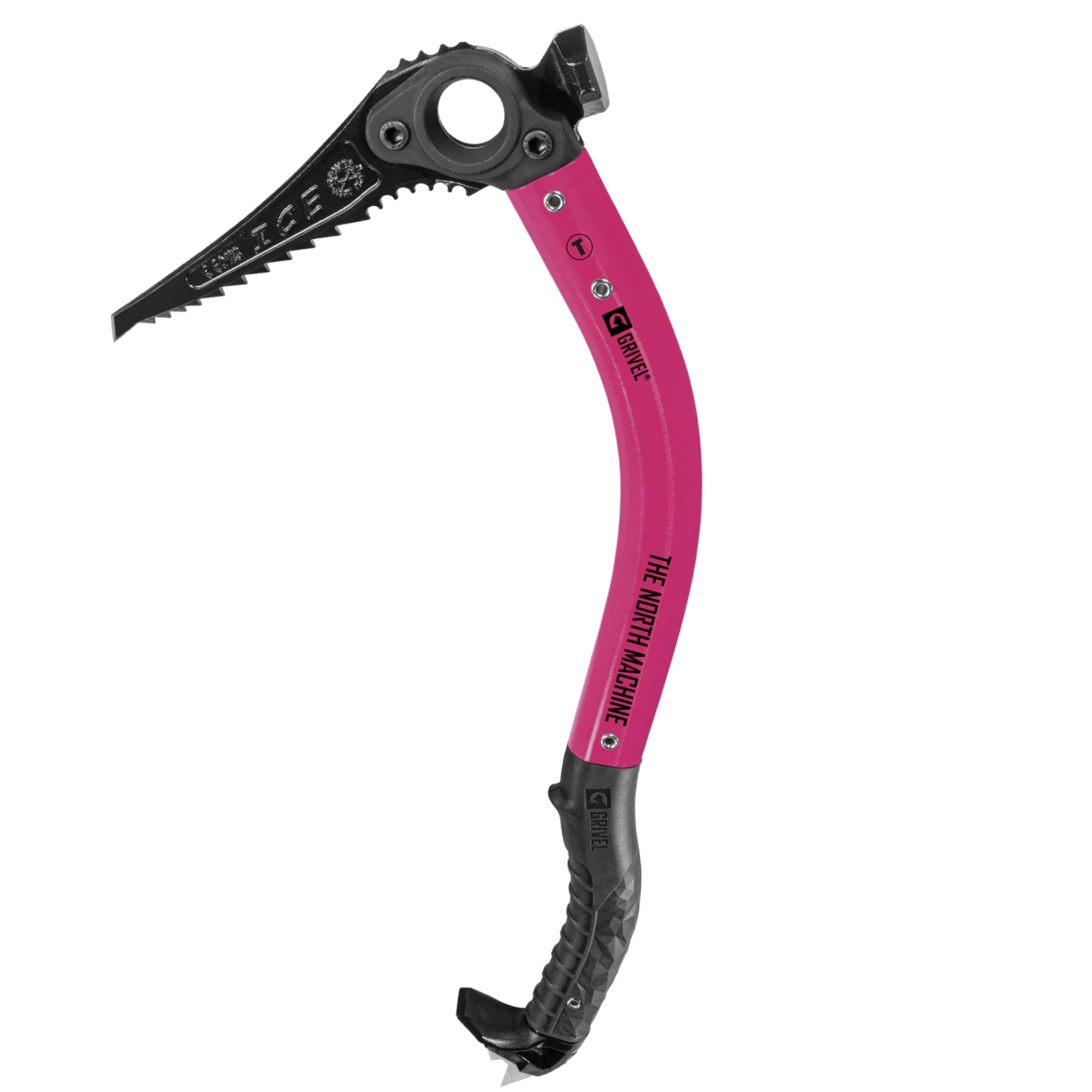 Pink ice axe with black grip on a white background