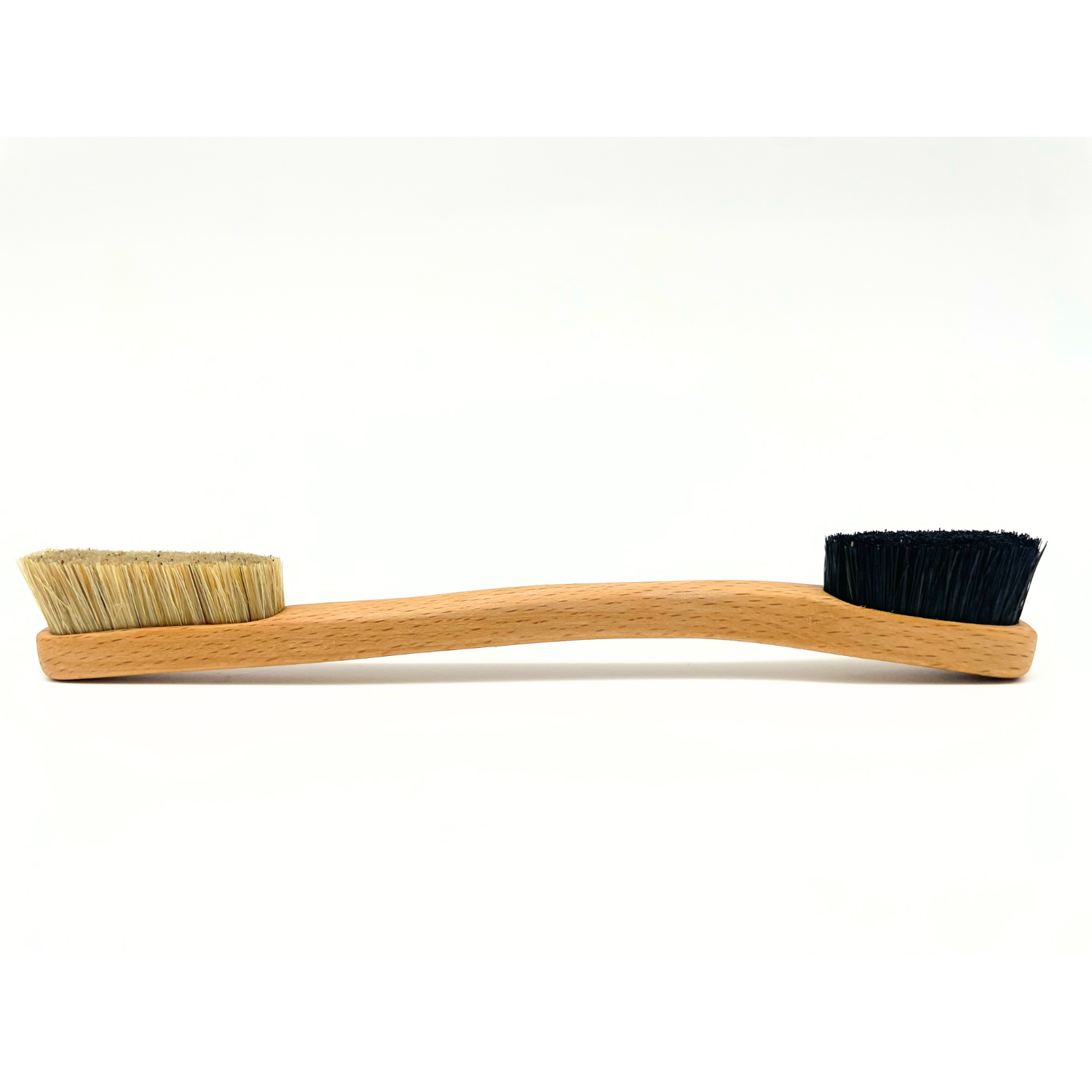 A dual-sided wooden cleaning brush with a light natural wood handle, one side featuring natural tan bristles and the other side with black bristles, shown against a plain white background.