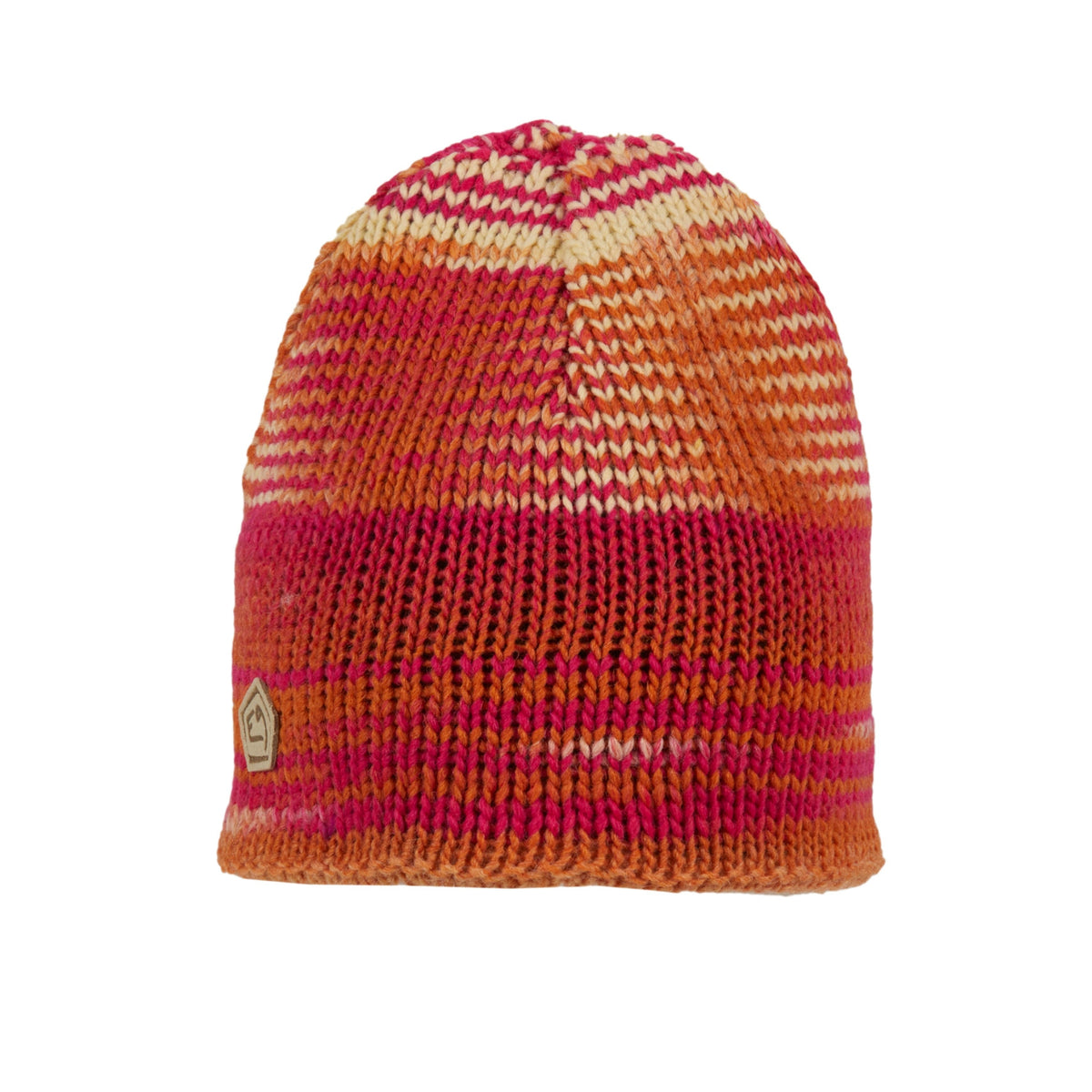 Knitted beanie with pink and orange stripes on a white background