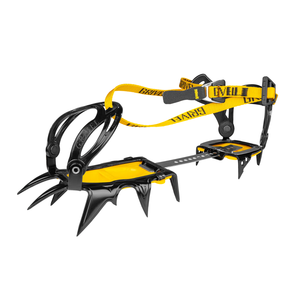 Black and yellow ice climbing crampons with a yellow strap featuring black branding, shown on a light gray background.