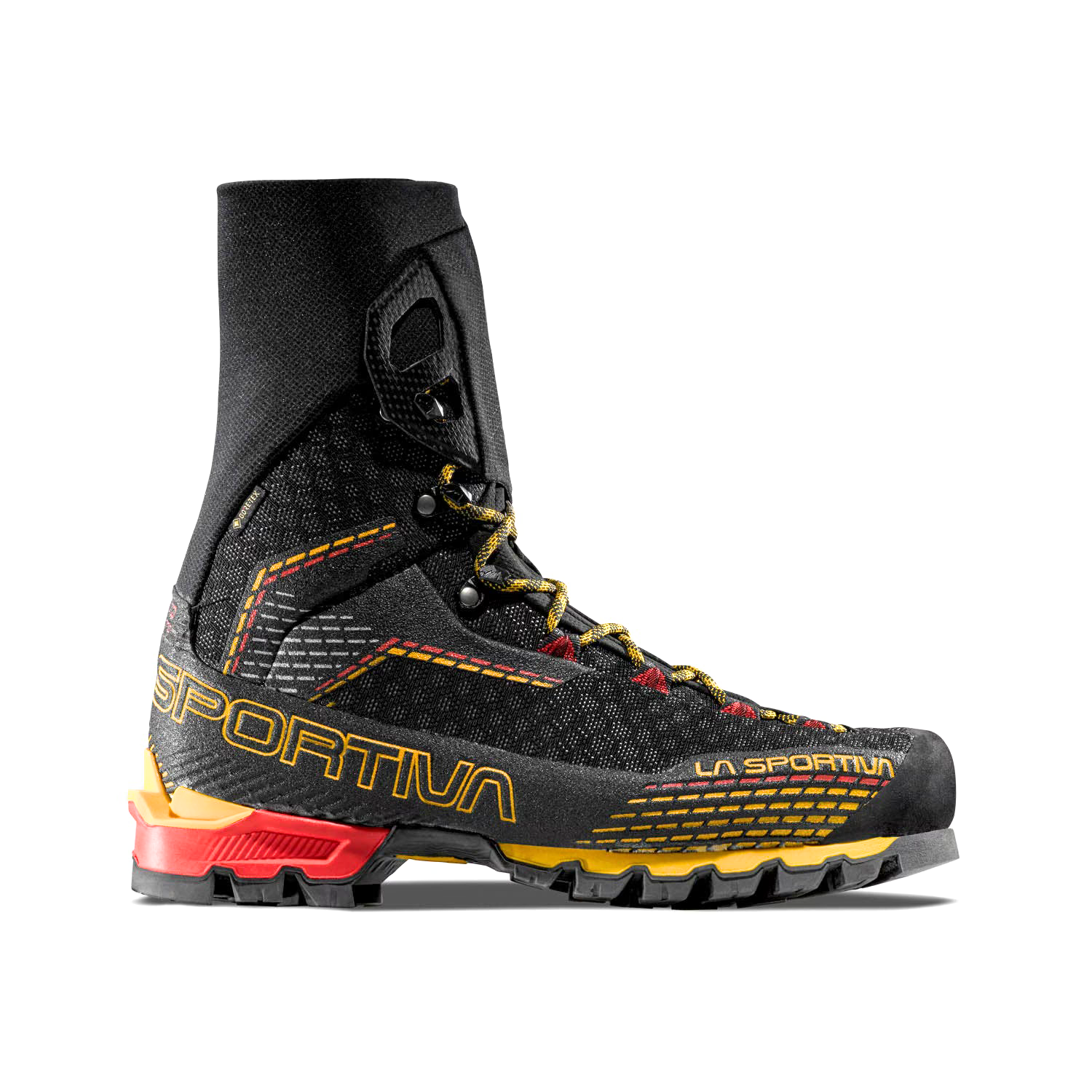 La Sportiva Trango Pro Gtx boots in black with yellow and red trim