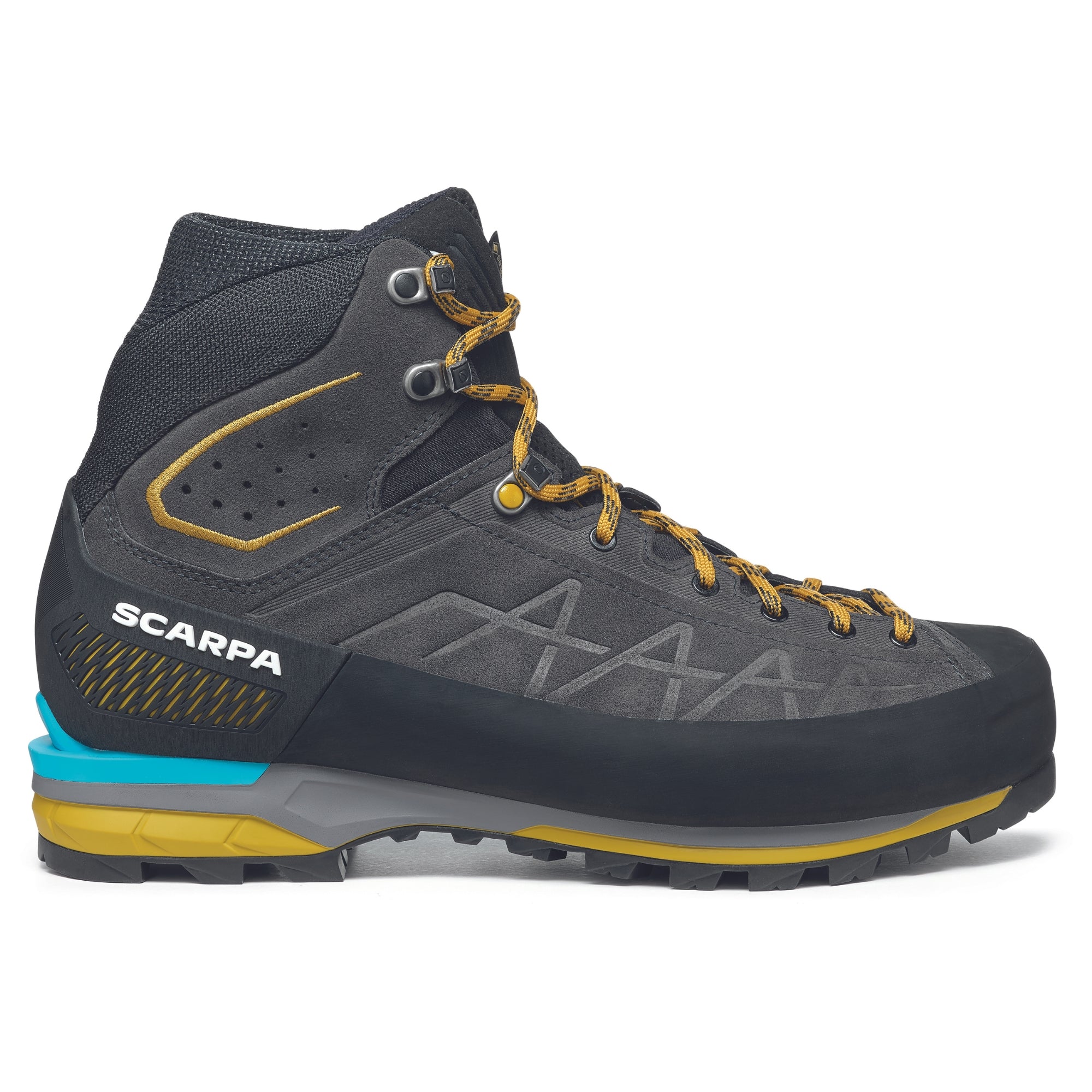 Scarpa Zodiac Tech GTX mens boots in anthracite sulphur colour. Showing side on view.