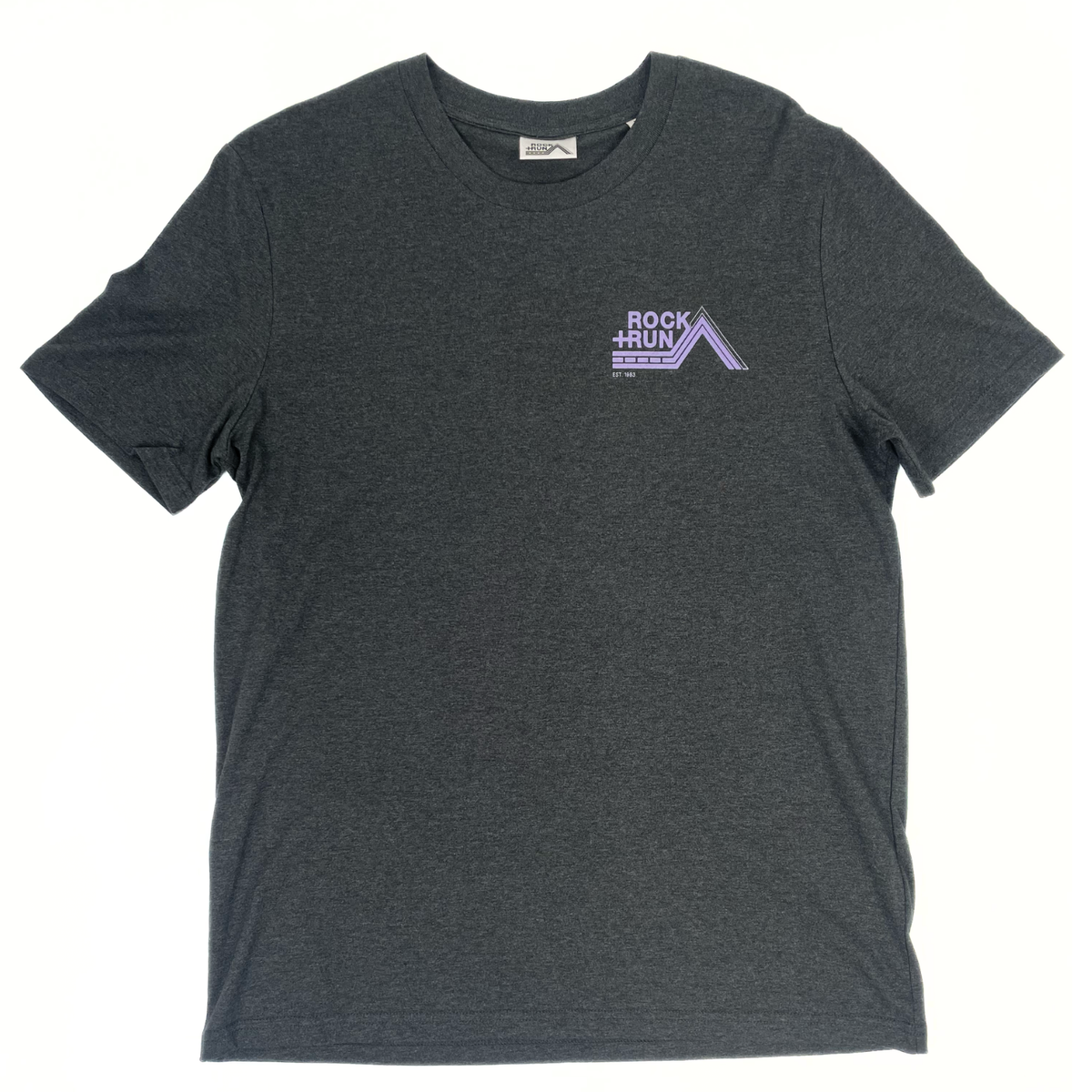 Gray t-shirt with a purple logo on a white background