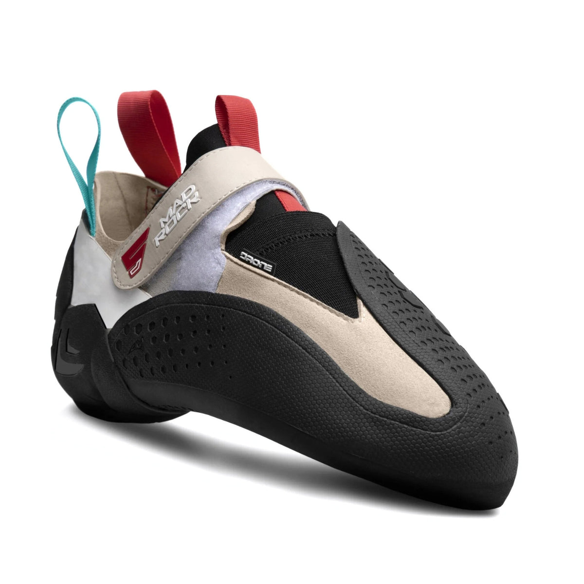 Climbing shoe with beige, black, and red design on a white background