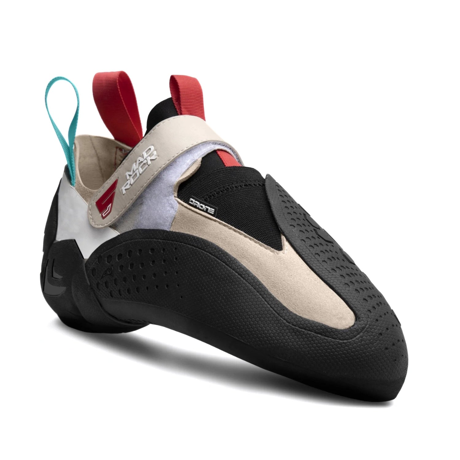 Climbing shoe with beige, black, and red design on a white background