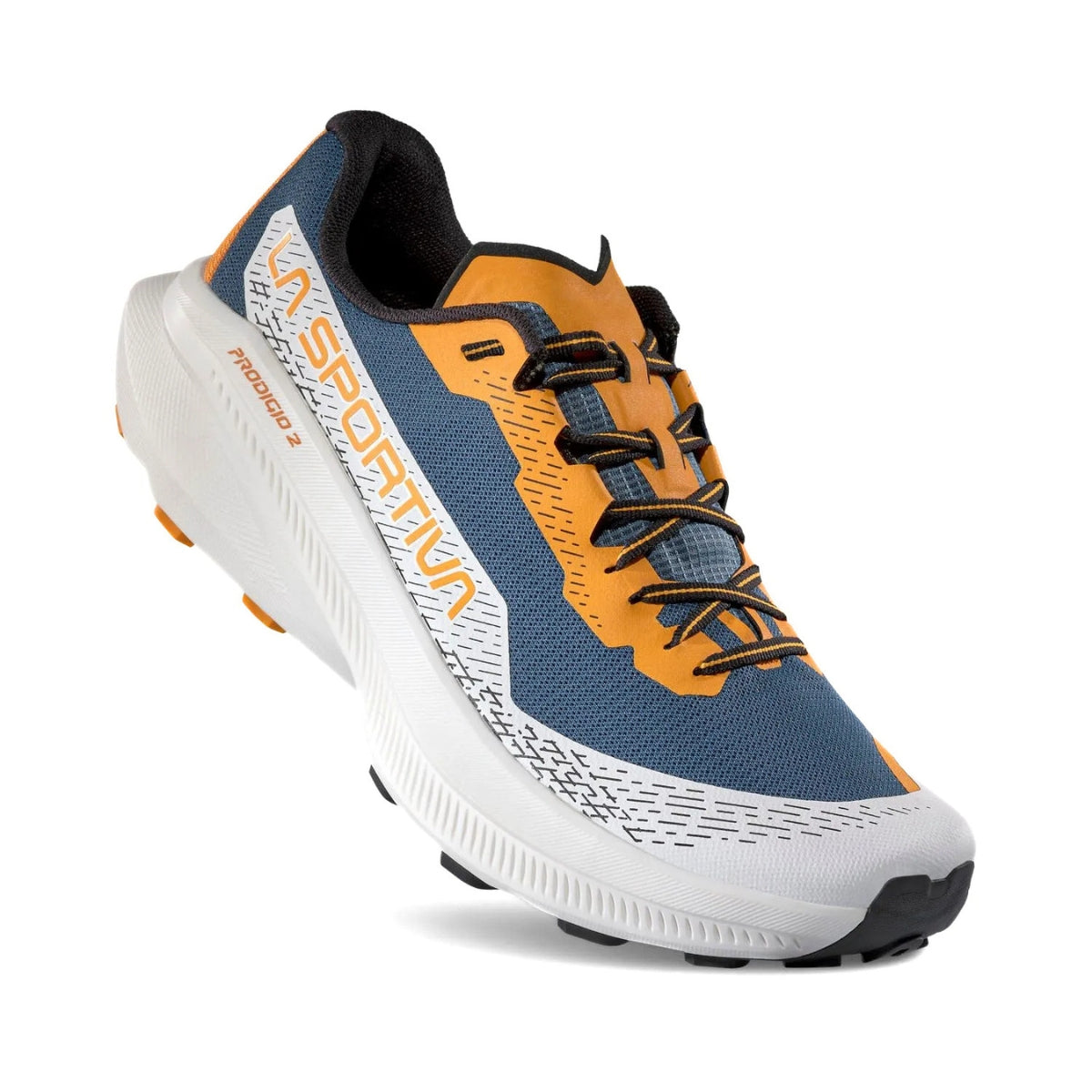 Blue and orange running shoe with white sole on a white background