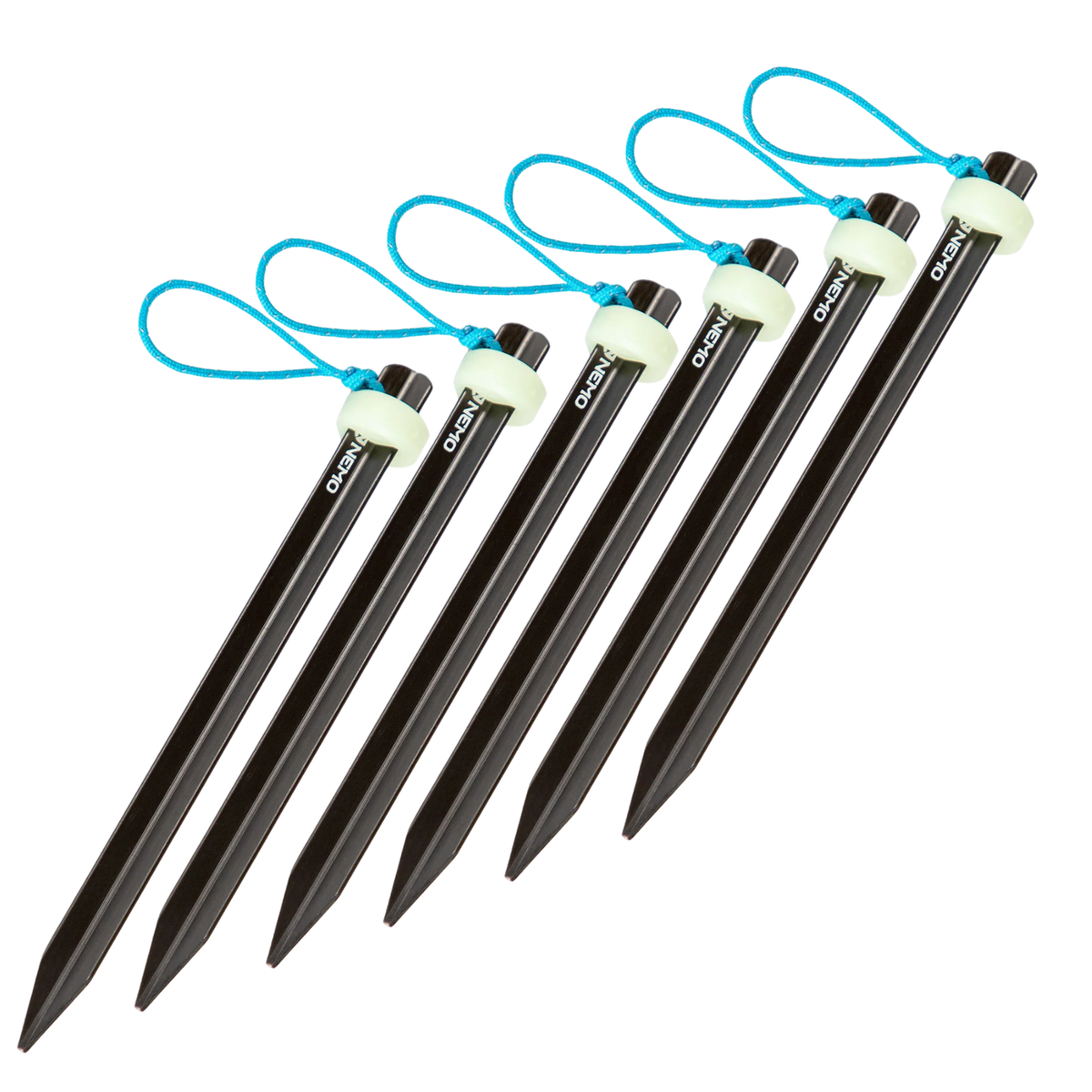 Set of black tent stakes with white ends and blue strings on a white background
