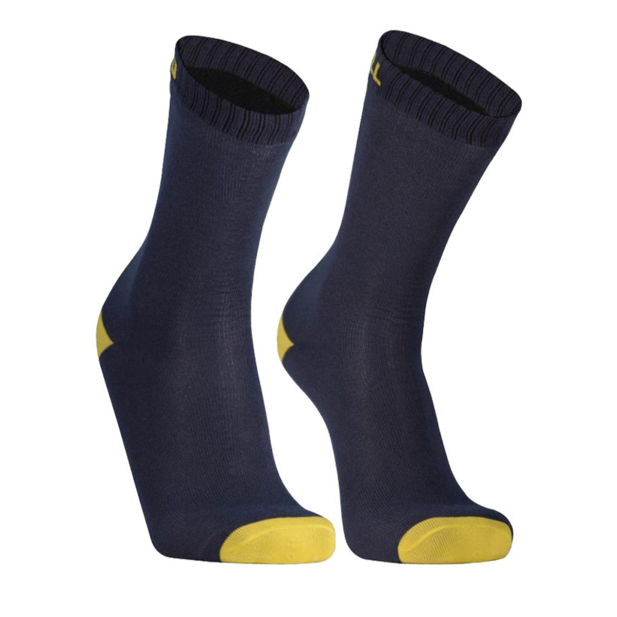 Pair of navy socks with yellow accents on a white background