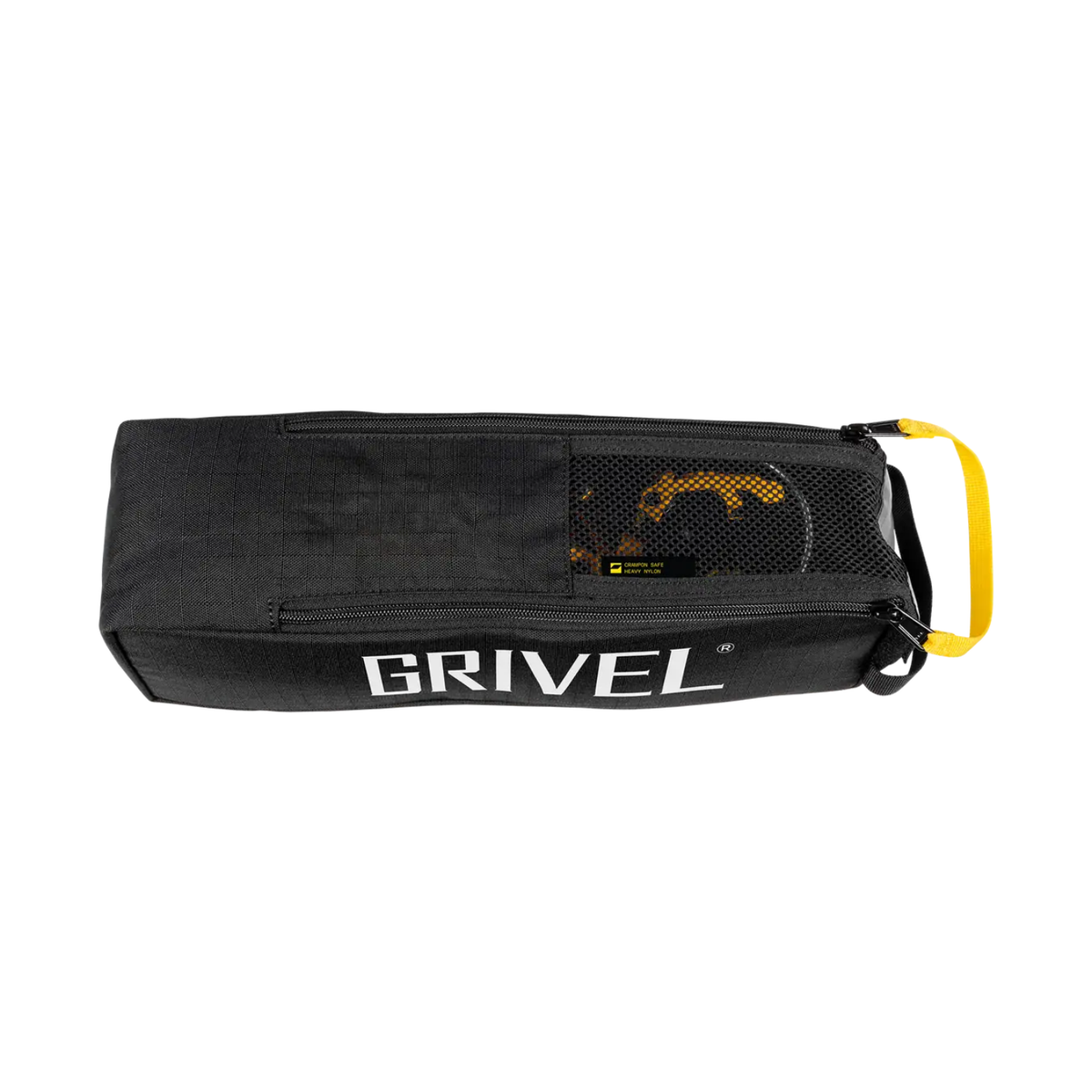 A black Grivel crampon bag with a yellow handle and white Grivel logo on the front, shown against a plain white background.