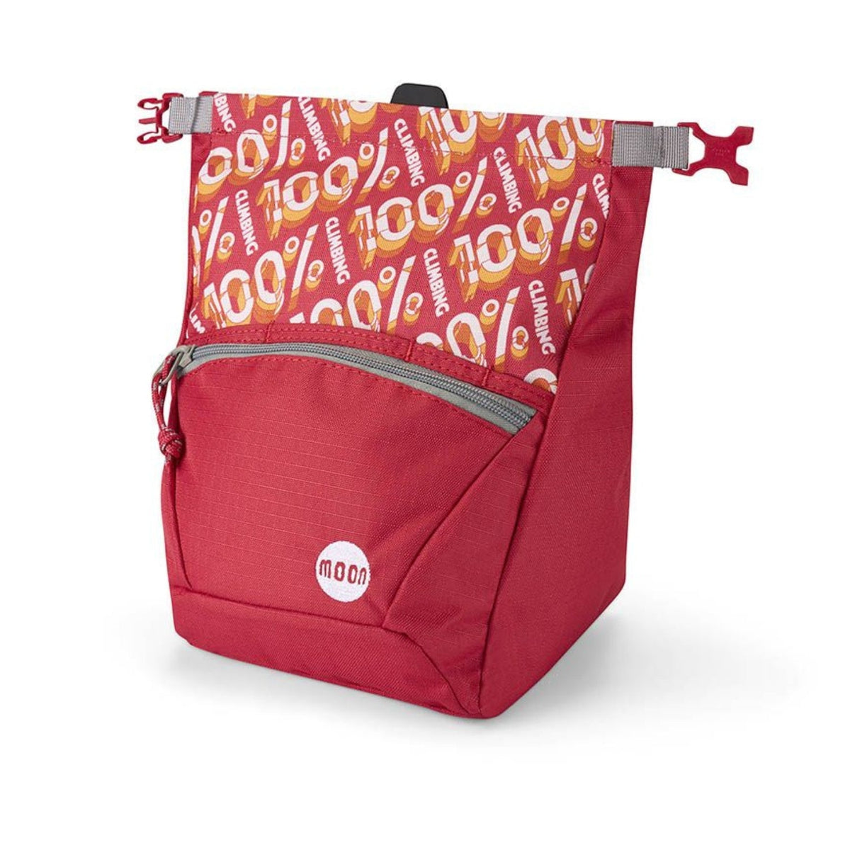 red chalk bag with colourful patterned front section on a white background