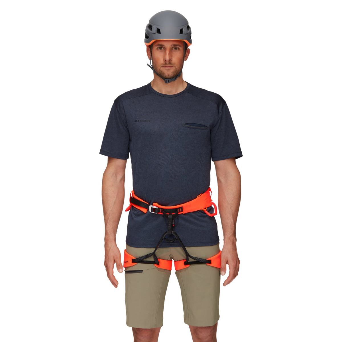 Mammut Sender Harness orange black, on model, front view