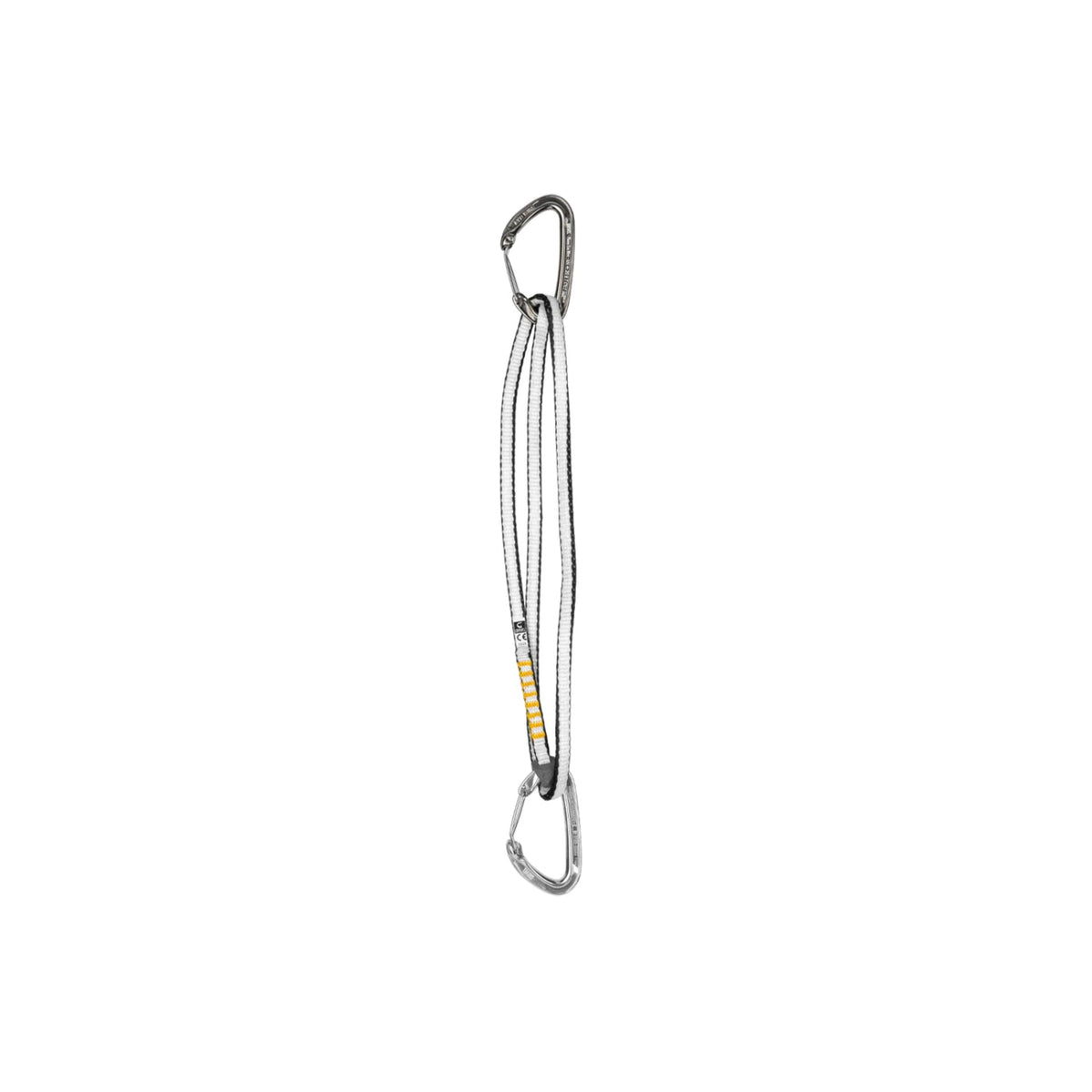 Metal carabiner with a yellow label on a white background