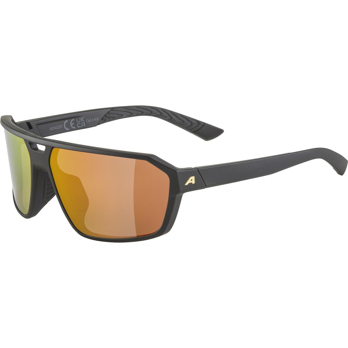 Sunglasses with black frame and orange-tinted lenses on a white background