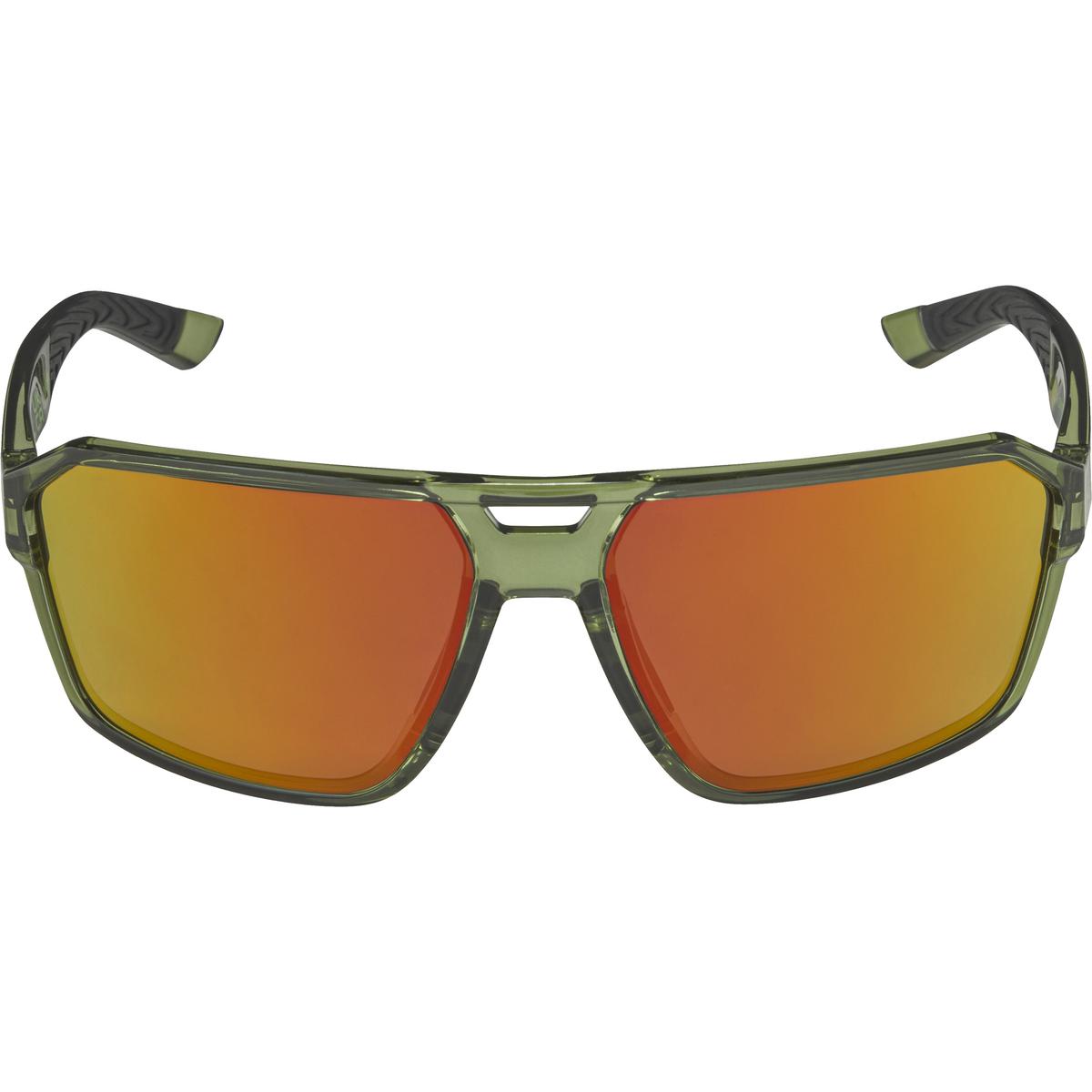 Sunglasses with green frame and orange-tinted lenses on a white background