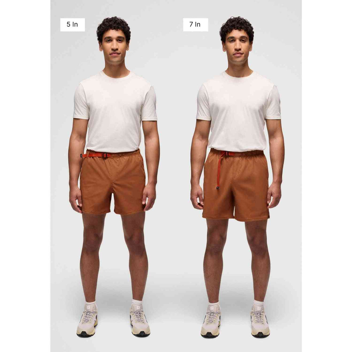 Prana Stretch Shorts for Men in rust brown, shown in 5-inch and 7-inch inseam options. Features include UPF 50+ protection and 2-way stretch fabric.
