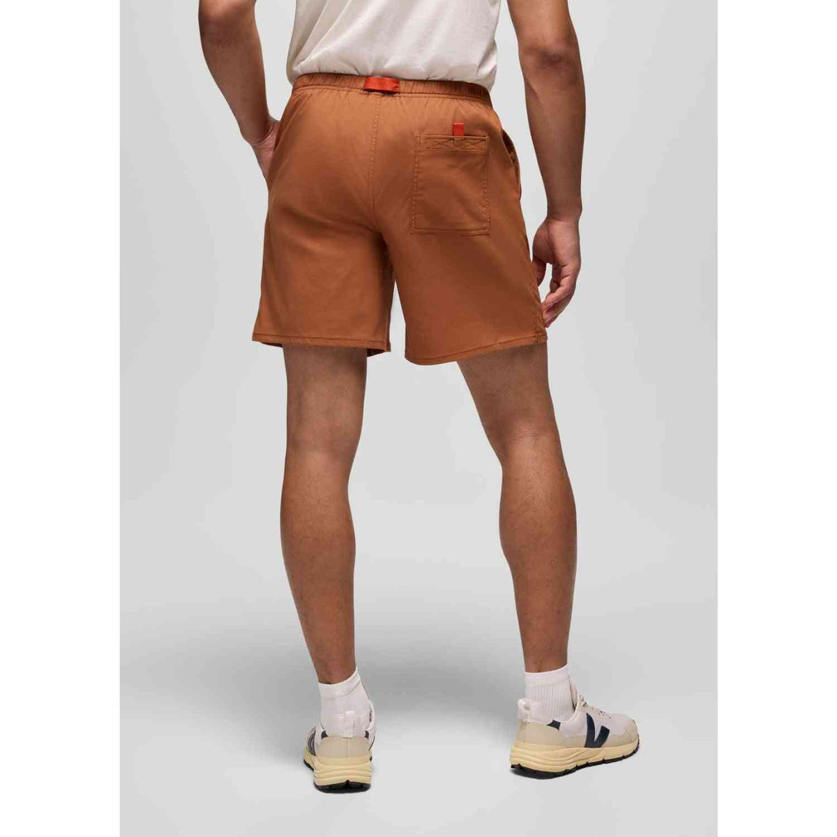 Back view of Prana Stretch Zion Pull On Shorts for men in rust color, featuring elastic waistband and rear pocket for outdoor comfort and mobility.