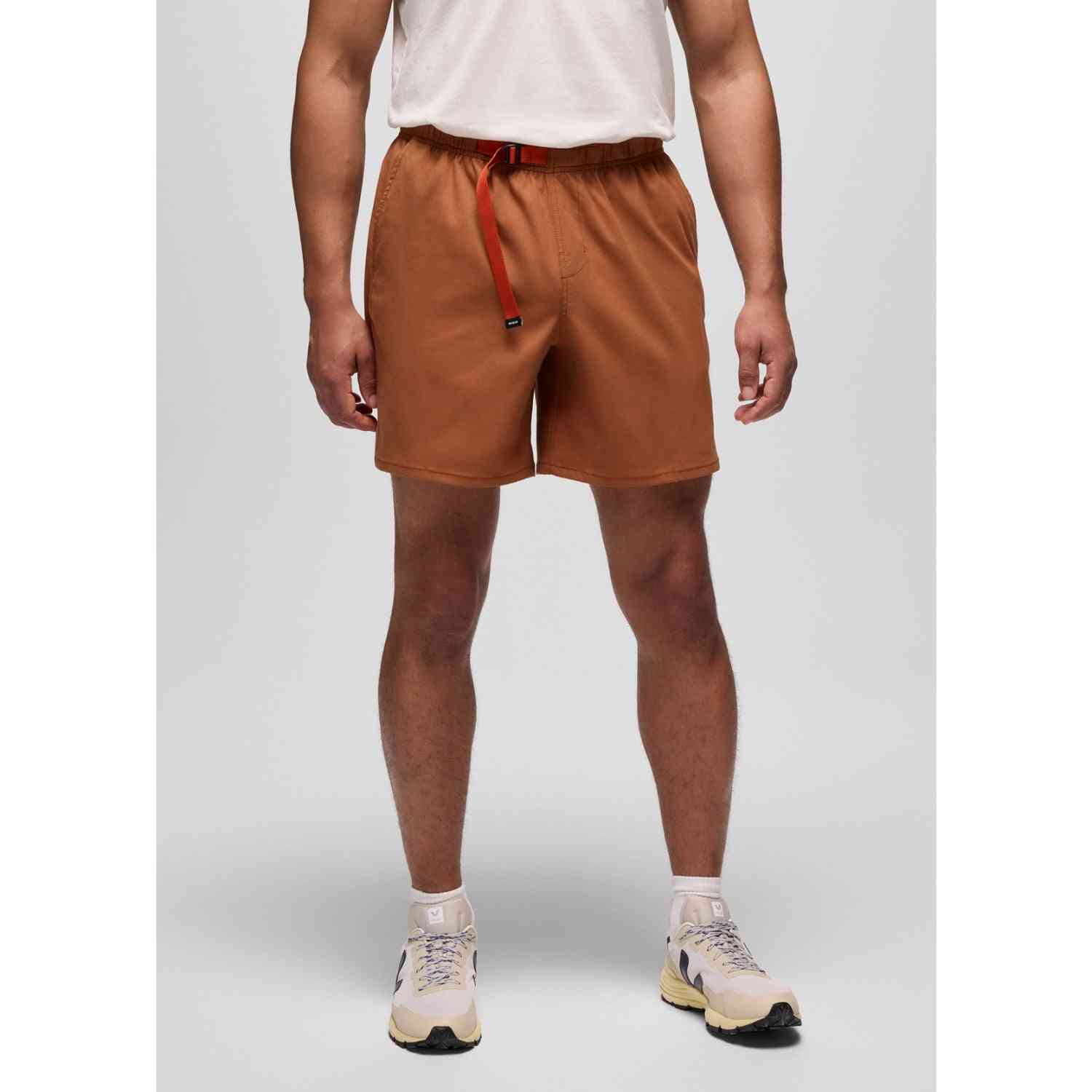 Prana Stretch Zion Pull On Shorts for men in rust brown with built-in red belt, featuring UPF 50+ and 2-way stretch for outdoor comfort.