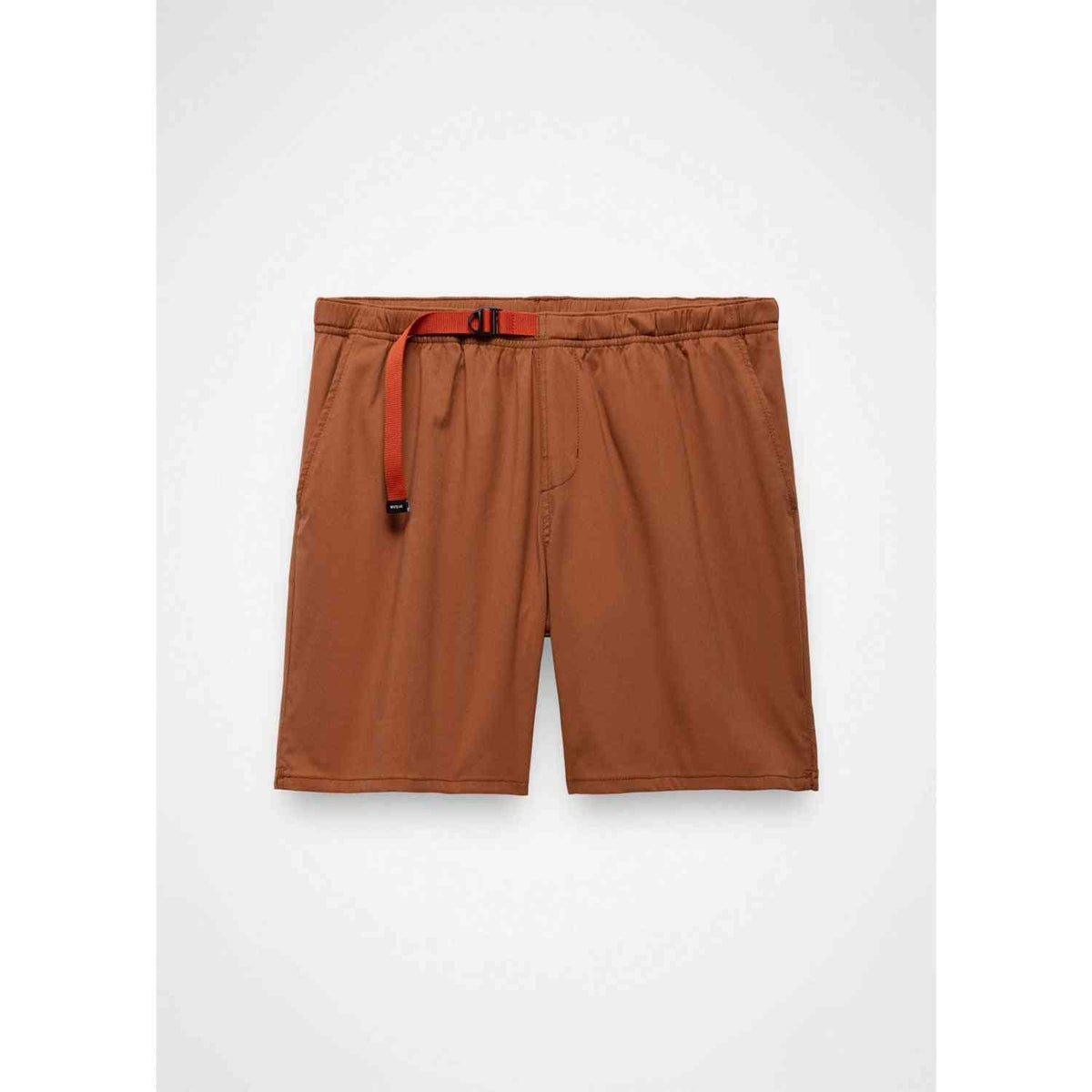 Prana Stretch Zion Pull On Shorts for men in rust brown with built-in red belt, featuring UPF 50+ and 2-way stretch for outdoor comfort.