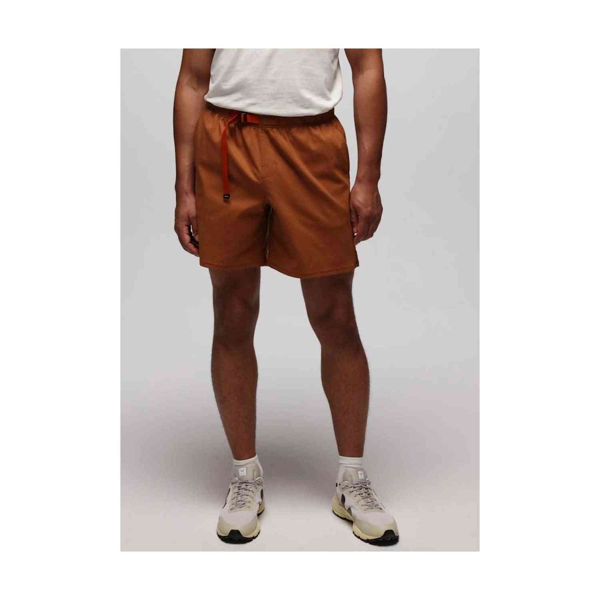Prana Stretch Shorts for Men in rust color with elastic waistband and drawstring, ideal for outdoor wear with UPF 50+ and 2-way stretch fabric.