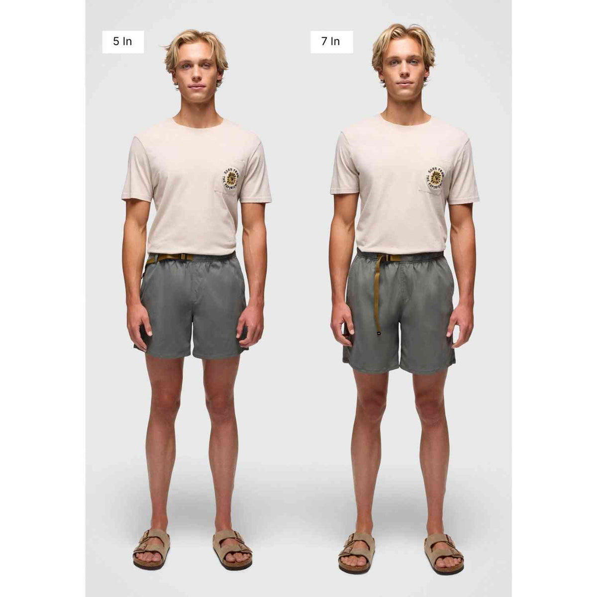 Prana Stretch Shorts for Men in 5-inch inseam, shown in gray with drawstring waist and relaxed fit for outdoor comfort and mobility.