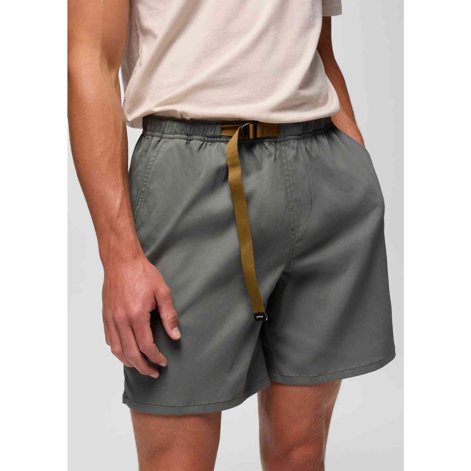 Prana Stretch Shorts for Men in olive green with pull-on waistband and integrated belt, ideal for outdoor comfort and mobility.