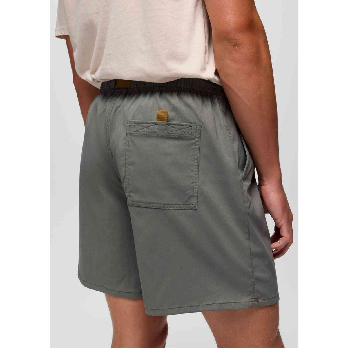 Prana Stretch Shorts for Men in olive green with elastic waistband and back pocket, ideal for outdoor comfort and mobility.