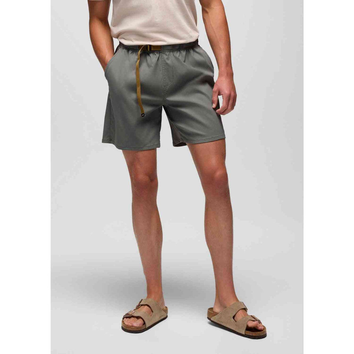 Prana Stretch Shorts for Men in gray with pull-on waistband and drawstring, offering UPF 50+ protection and 2-way stretch for outdoor comfort.