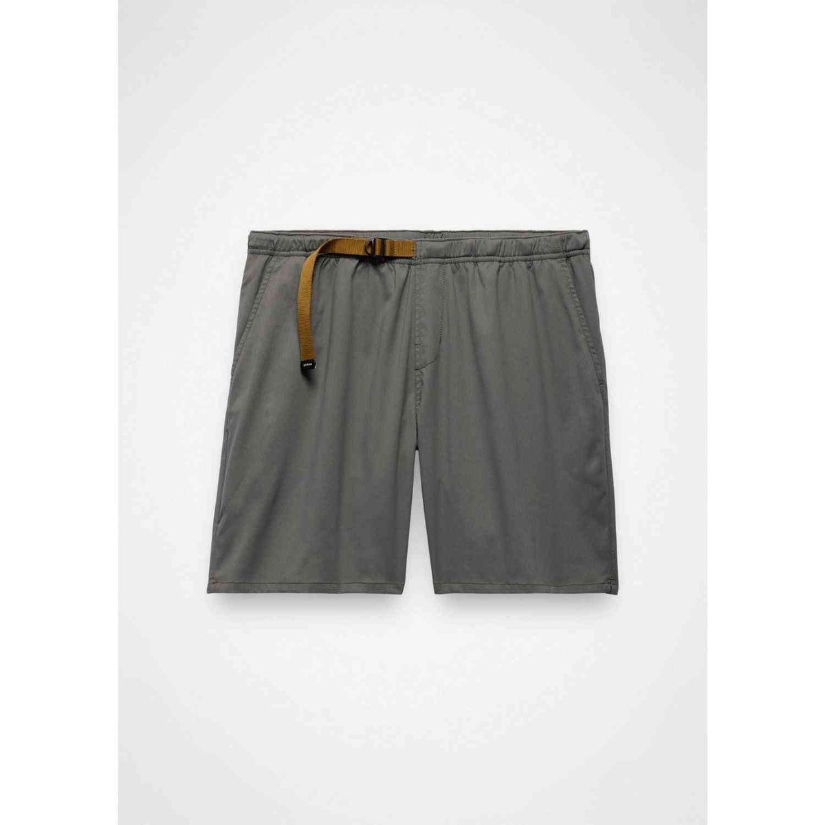 Prana Stretch Zion Pull On Shorts for men in dark gray with built-in belt, featuring UPF 50+ protection and 2-way stretch for outdoor comfort.