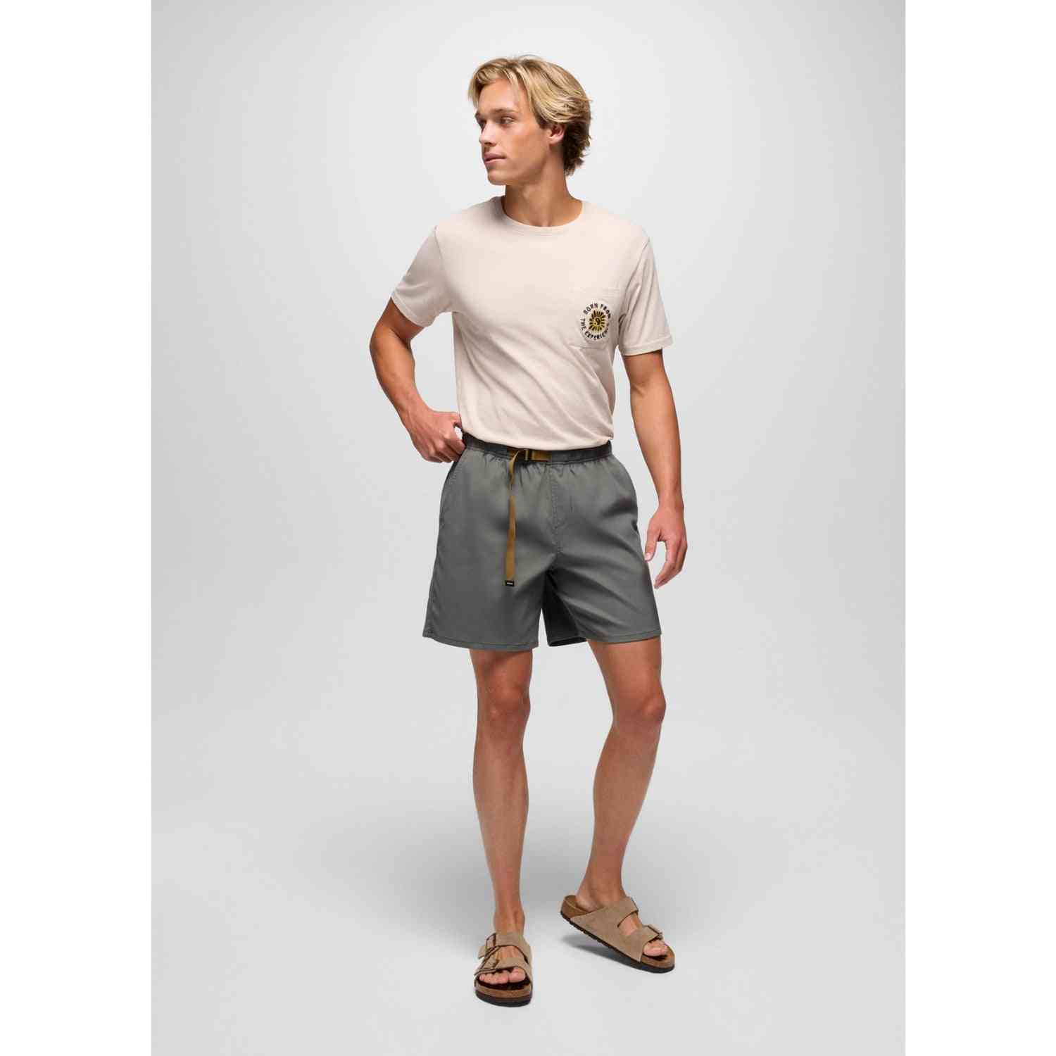 Prana Stretch Shorts for Men in olive green with pull-on waistband and integrated belt, ideal for outdoor comfort and mobility.
