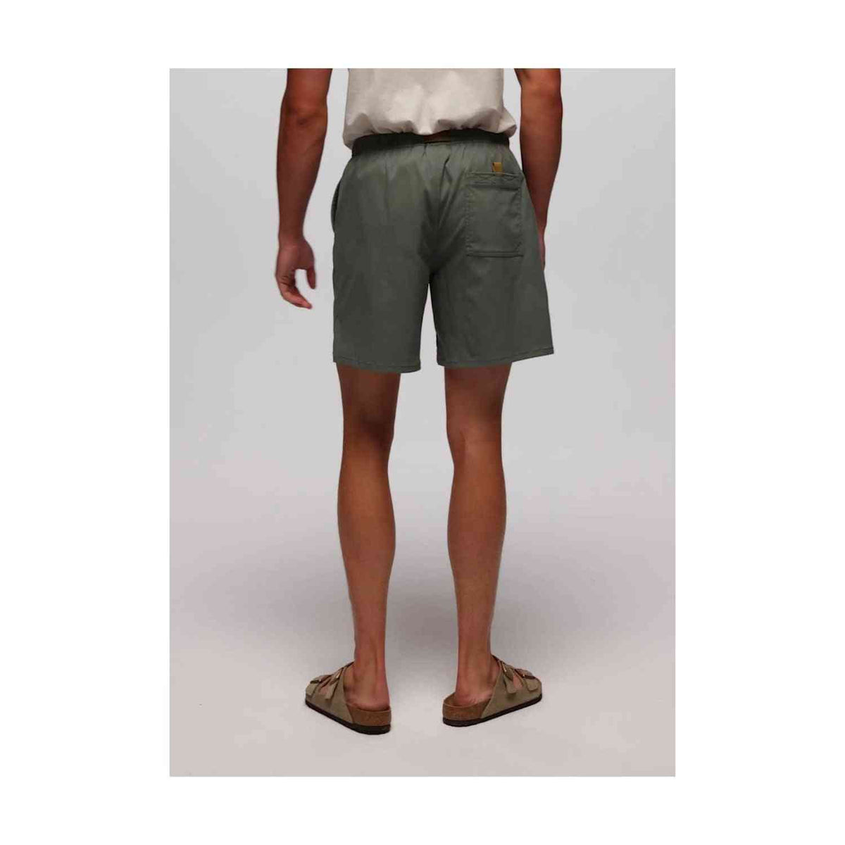 Back view of Prana Stretch Zion Pull On Shorts for men in green, featuring relaxed fit, UPF 50+ protection, and durable 2-way stretch fabric.