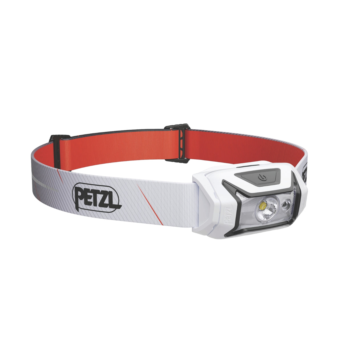 Headlamp with red strap on a white background