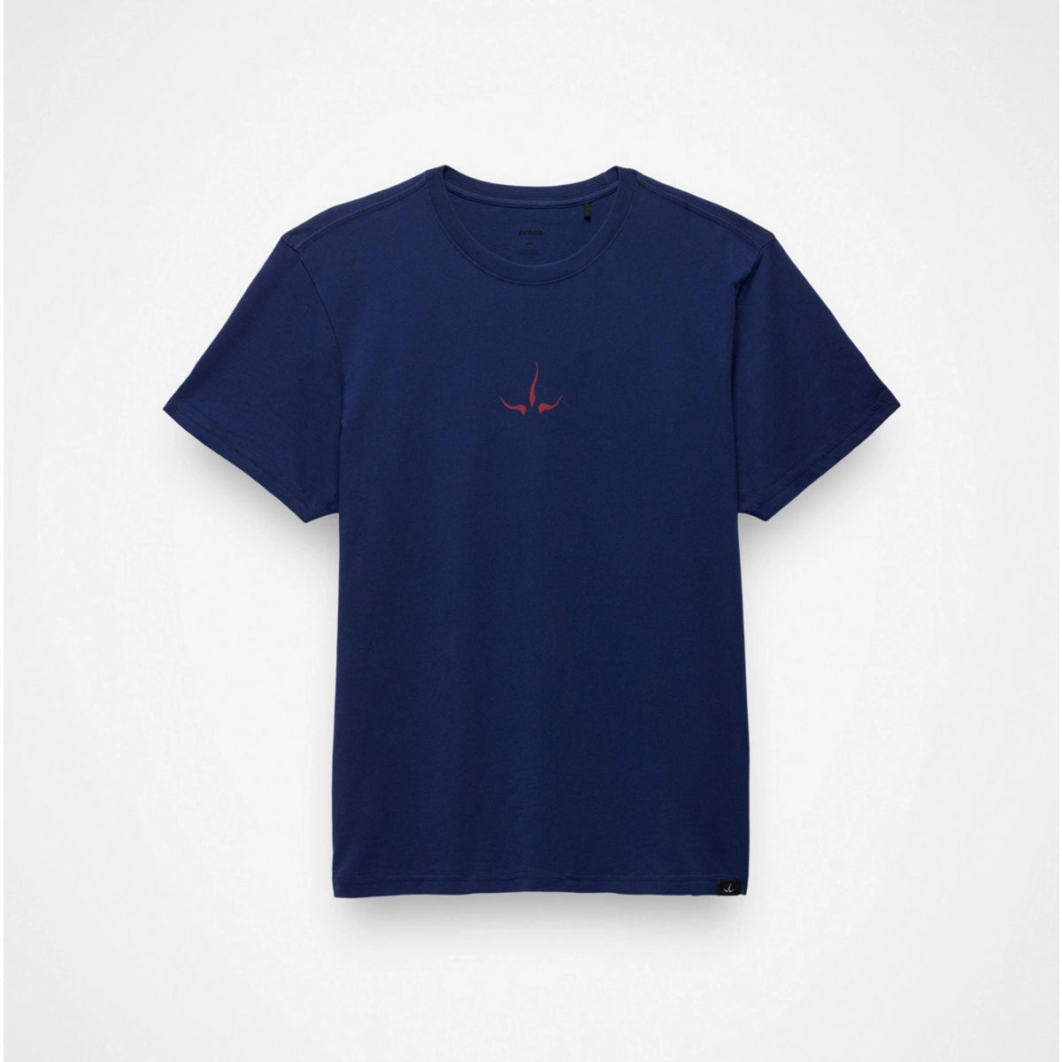 Navy blue t-shirt with a small red logo on a light gray background