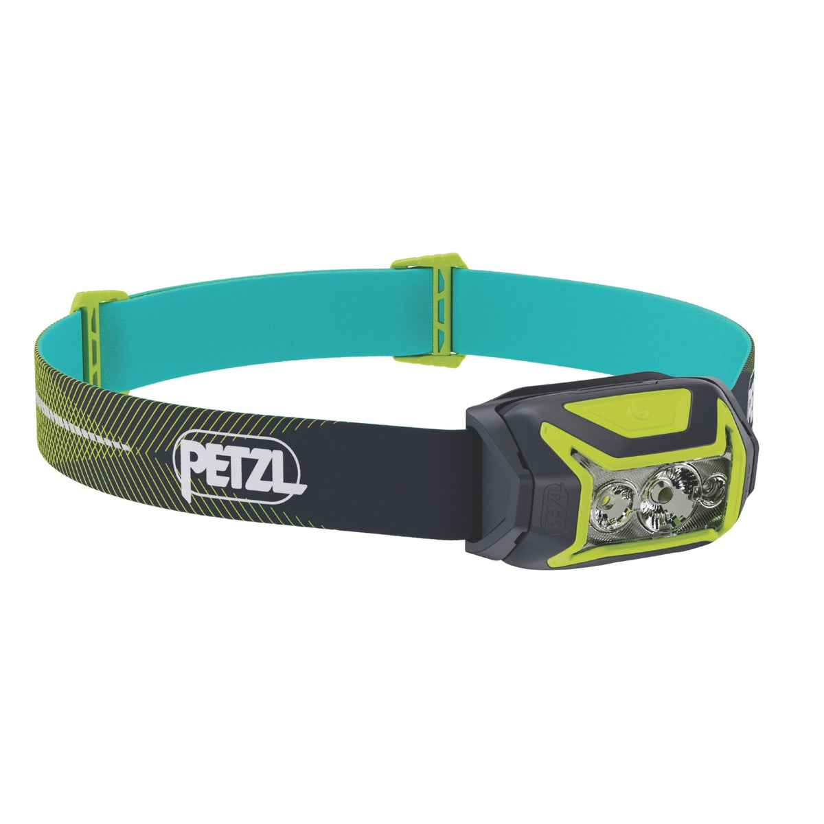 Headlamp with teal strap and black and green body on a white background