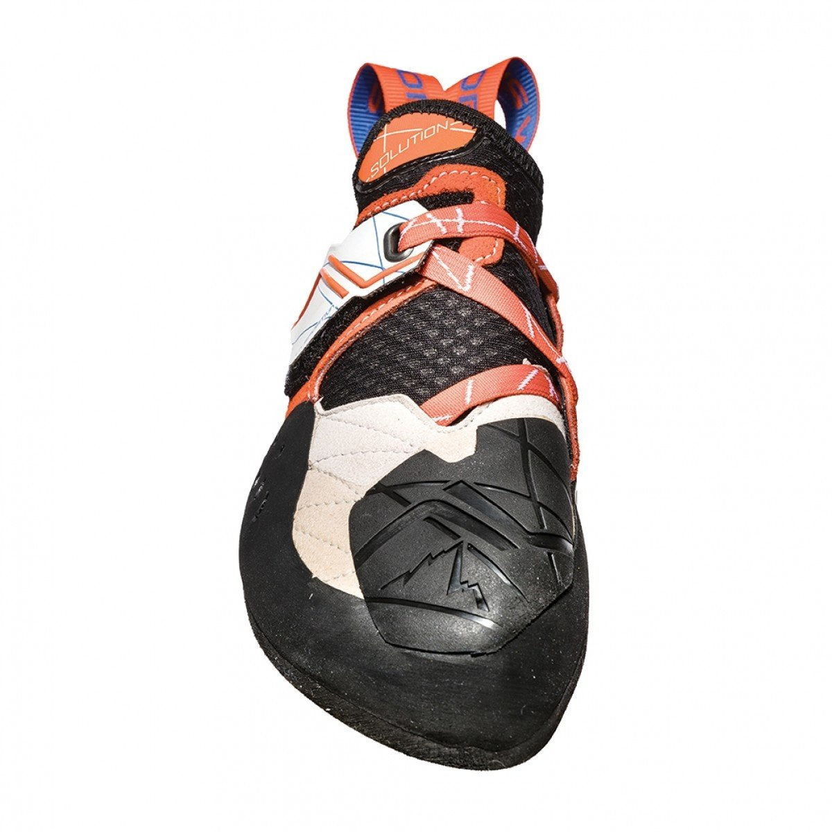 La Sportiva Solution Women's climbing shoe in a White Lilly colour as seen from front, demonstrating toe box and rubber patch