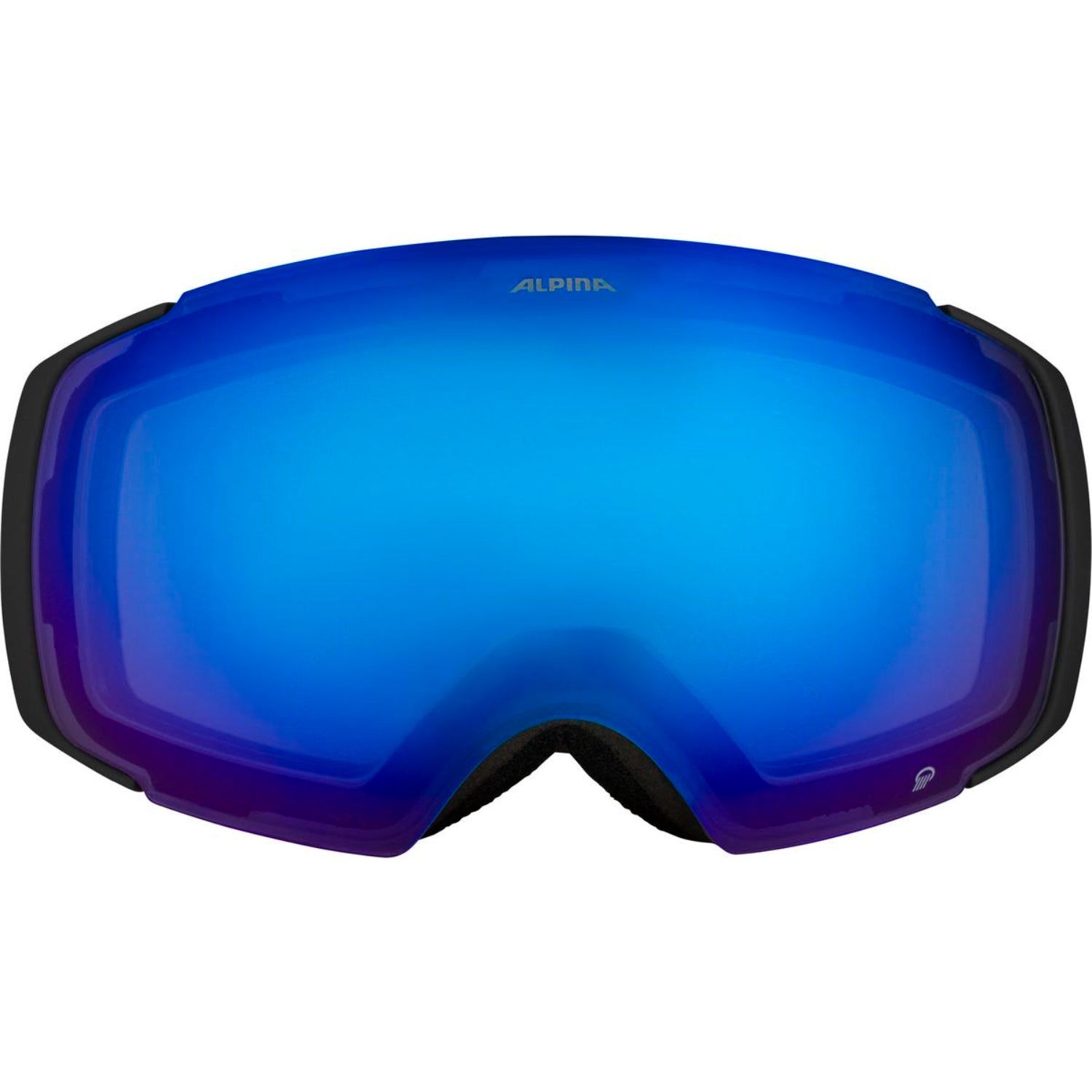Ski goggles with blue lens and patterned black strap on a white background