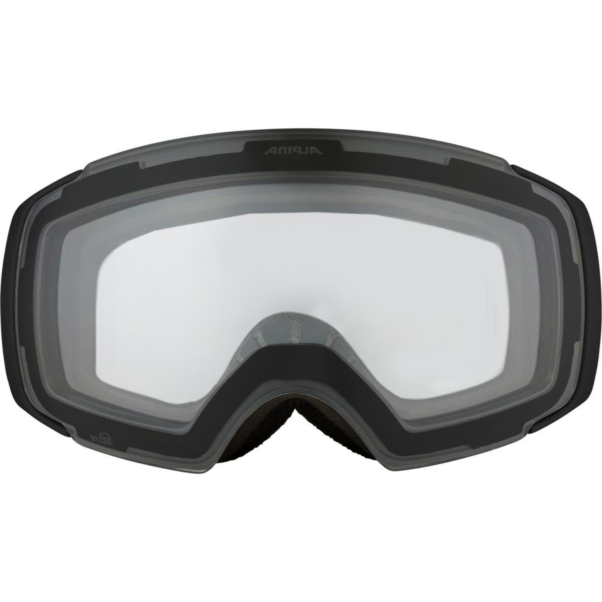 Black goggles with a clear lens on a white background