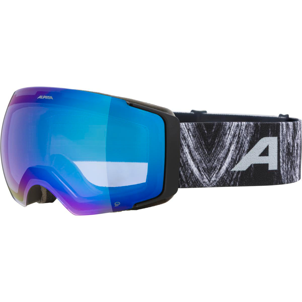 Ski goggles with blue lens and patterned black strap on a white background