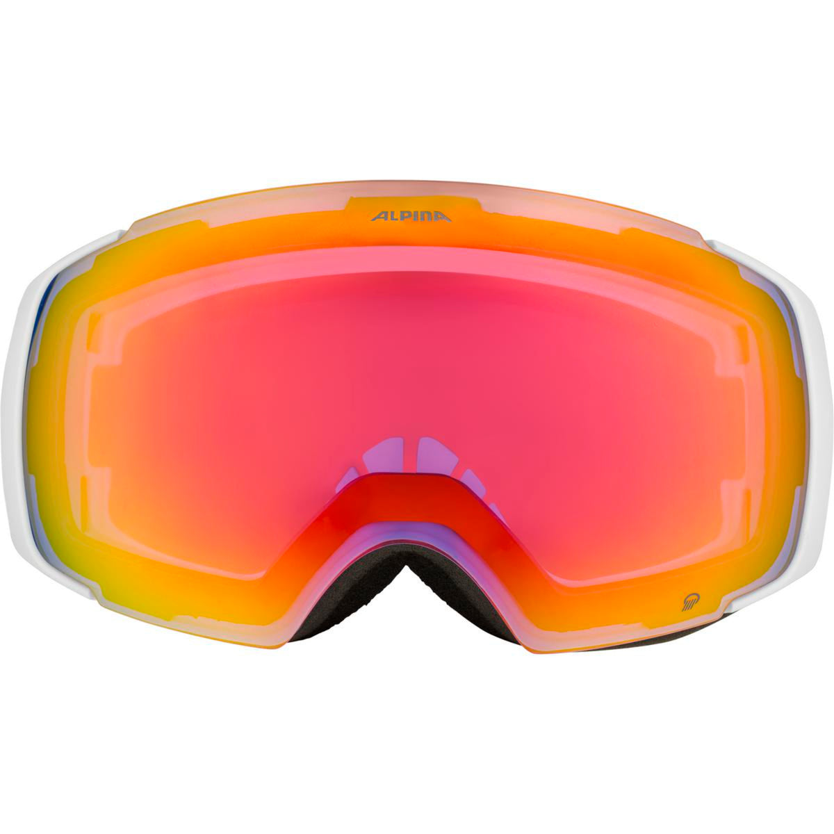Orange goggles with pink lens on a white background