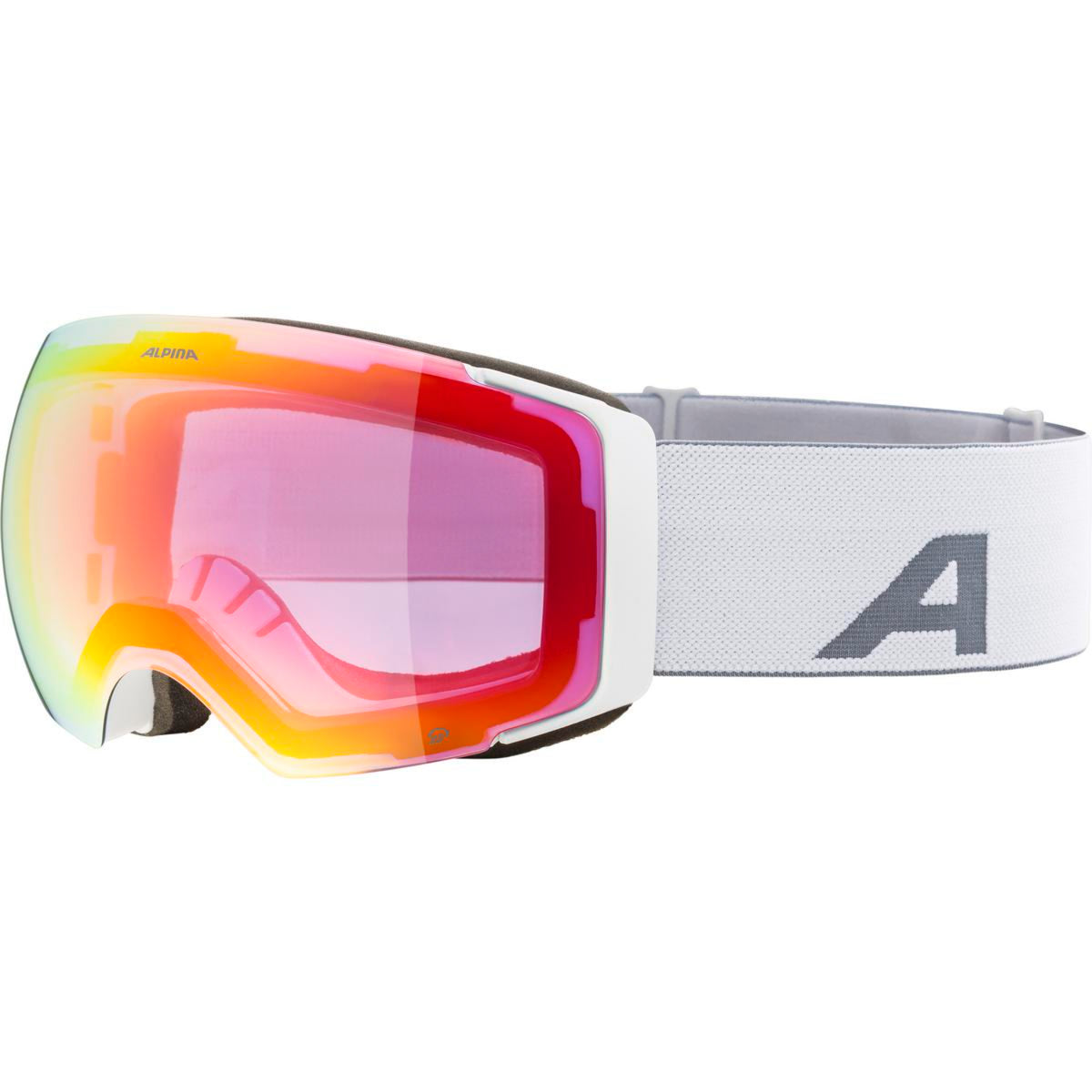 Skibrille with colorful lens and white headband on a white background