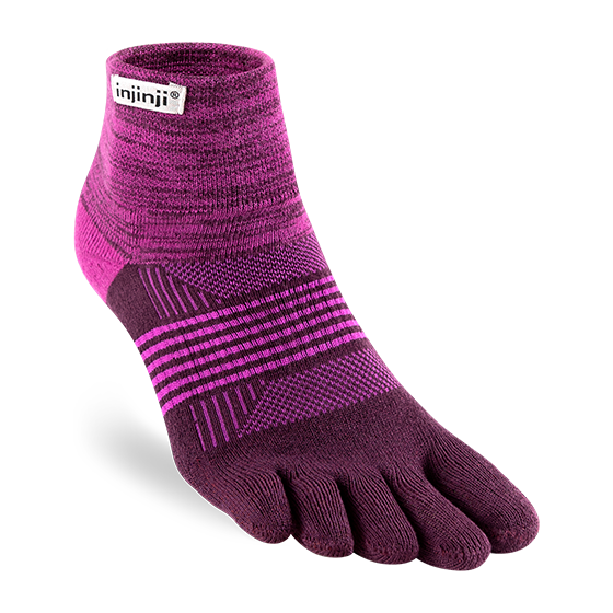 Purple toe-separated socks with 'injinji' branding on a clear background