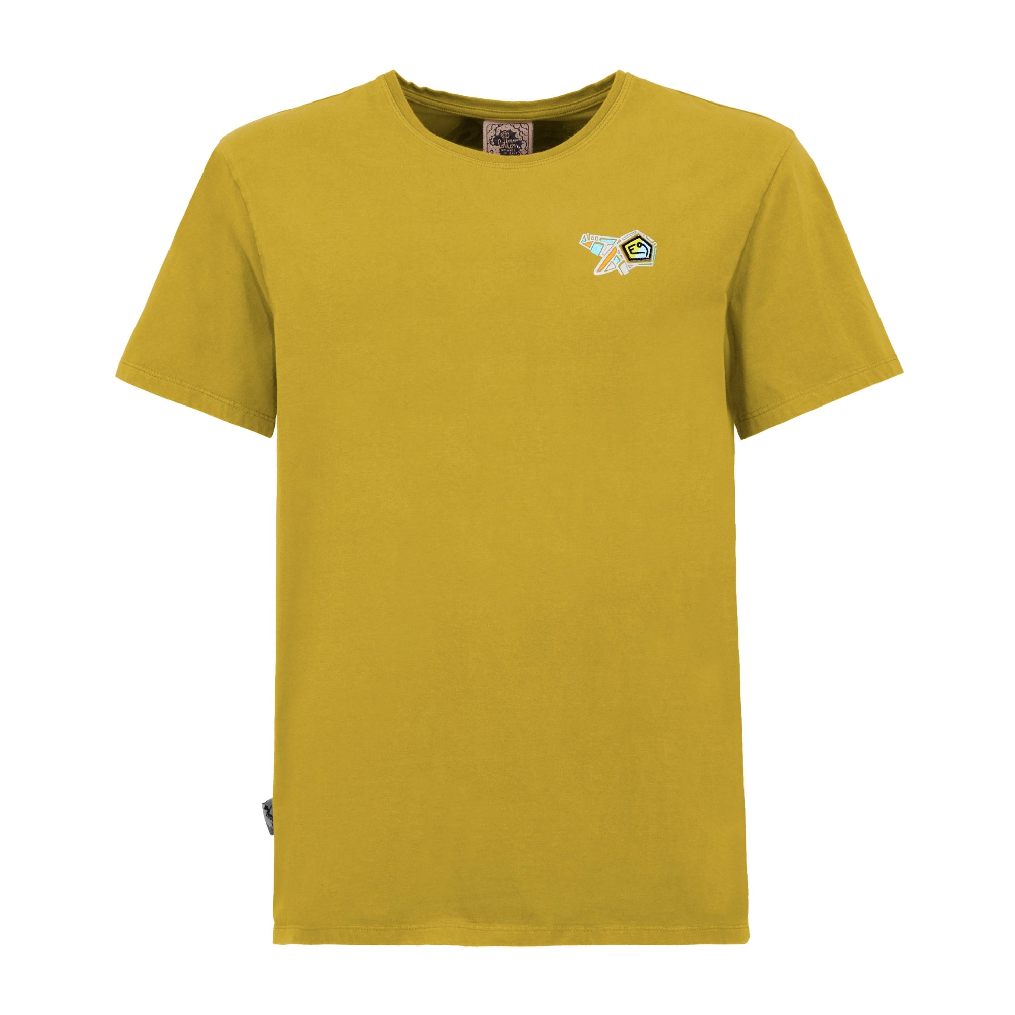 Yellow t-shirt with a small logo on a white background